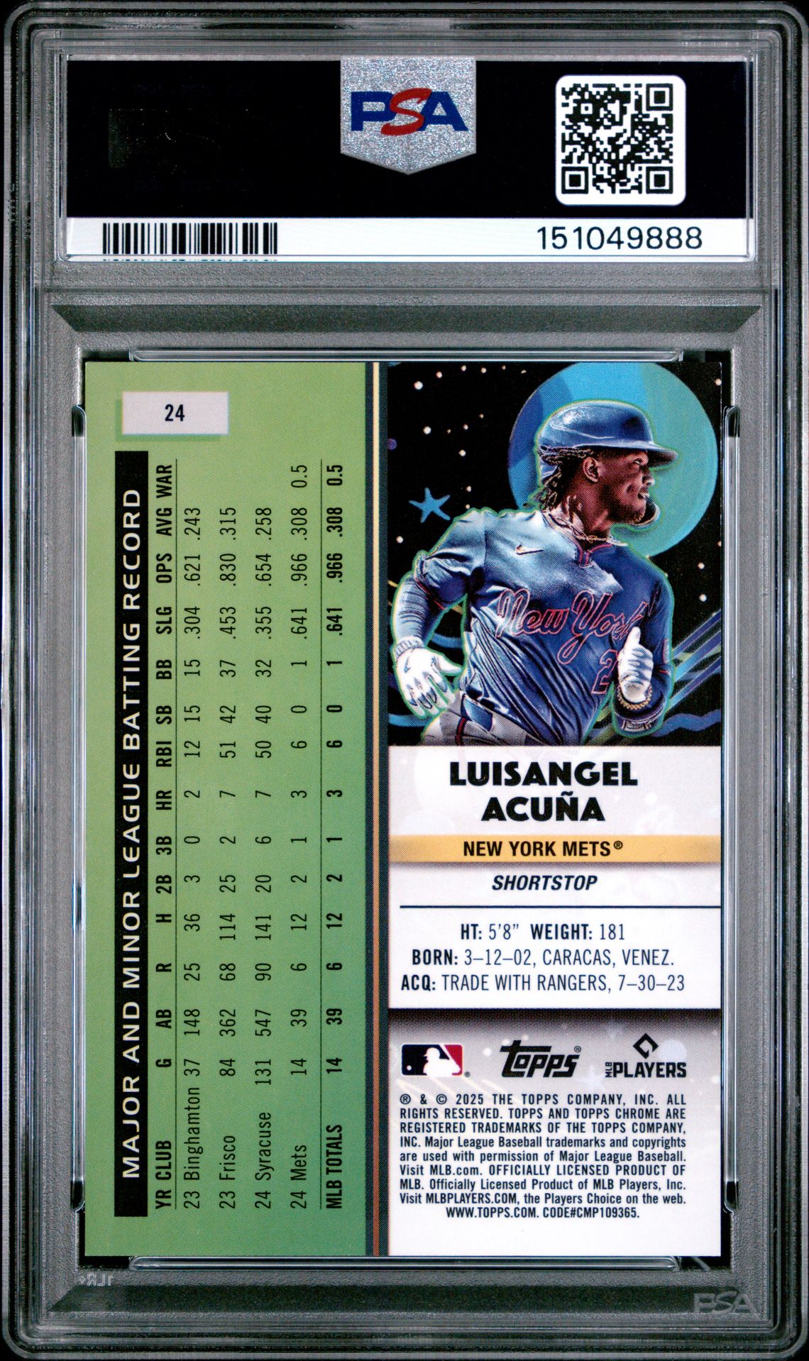2025 Topps Cosmic Chrome Luisangel Acuna #24 (Orange Galactic) Mint 9 back