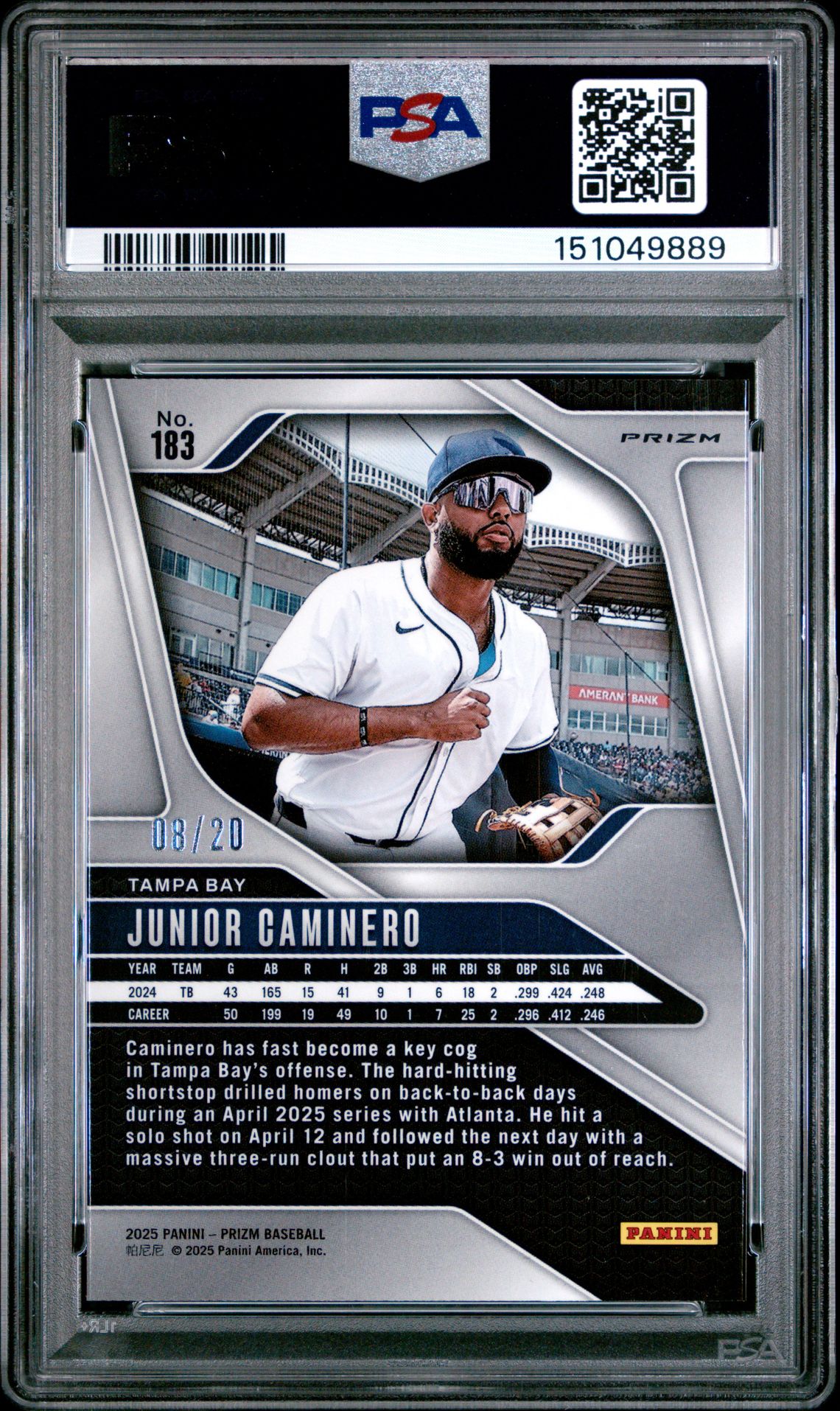 2025 Panini Prizm Junior Caminero #183 (Cherry Blossom Prizm) Gem Mt 10 back view - PSA certificate #151049889
