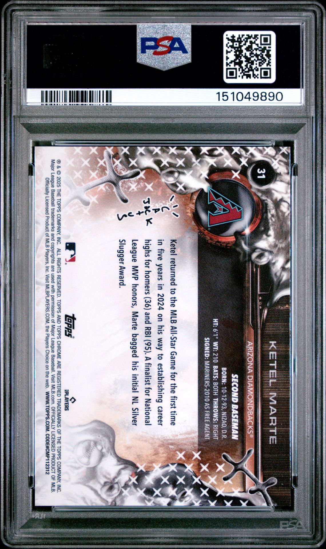 2025 Topps Chrome X Cactus Jack Ketel Marte #31 (Orange Refractor) Gem Mt 10 back view - PSA certificate #151049890