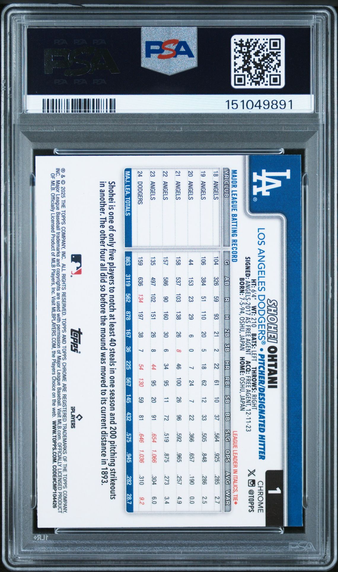 2025 Topps Chrome Shohei Ohtani #1 (Sepia Refractor) Mint 9 back