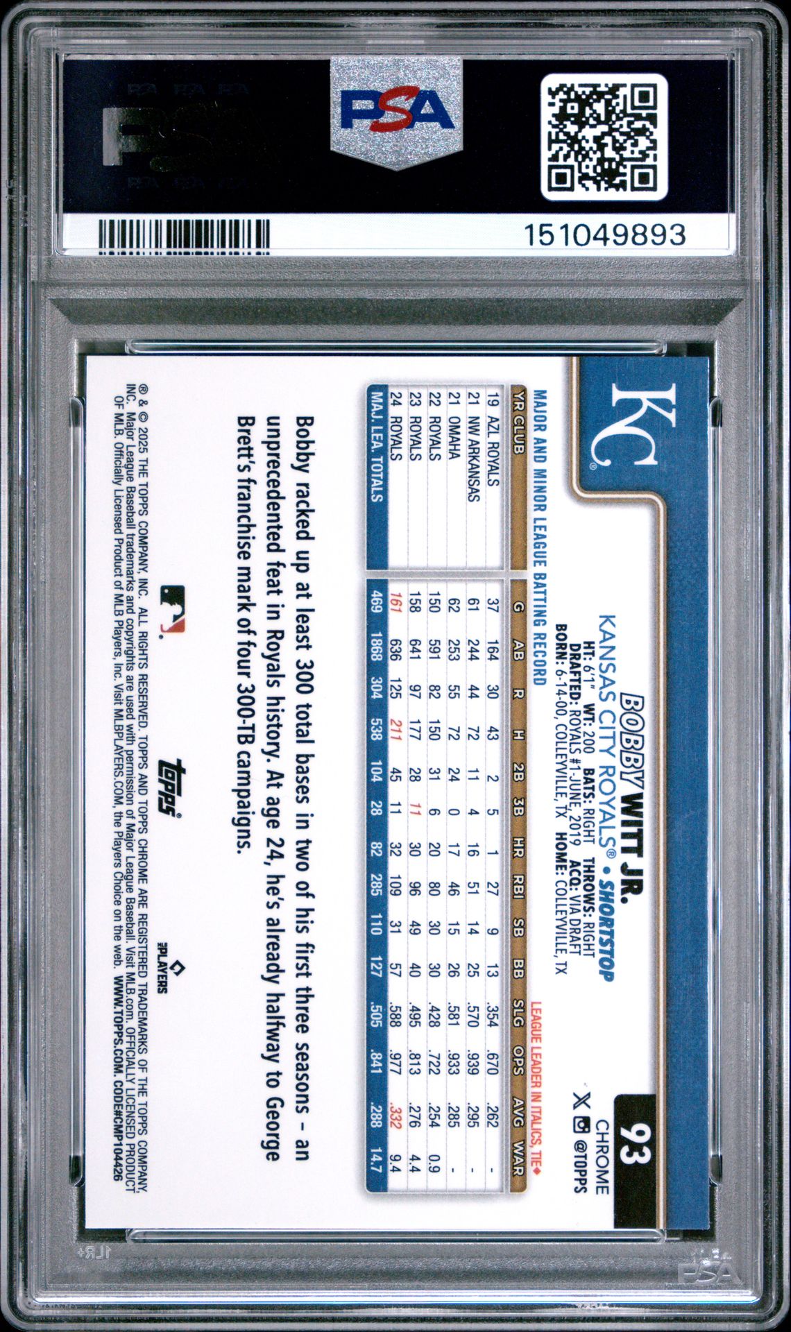 2025 Topps Chrome Logofractor Edition Bobby Witt Jr. #93 (Purple Refractor) Mint 9 back