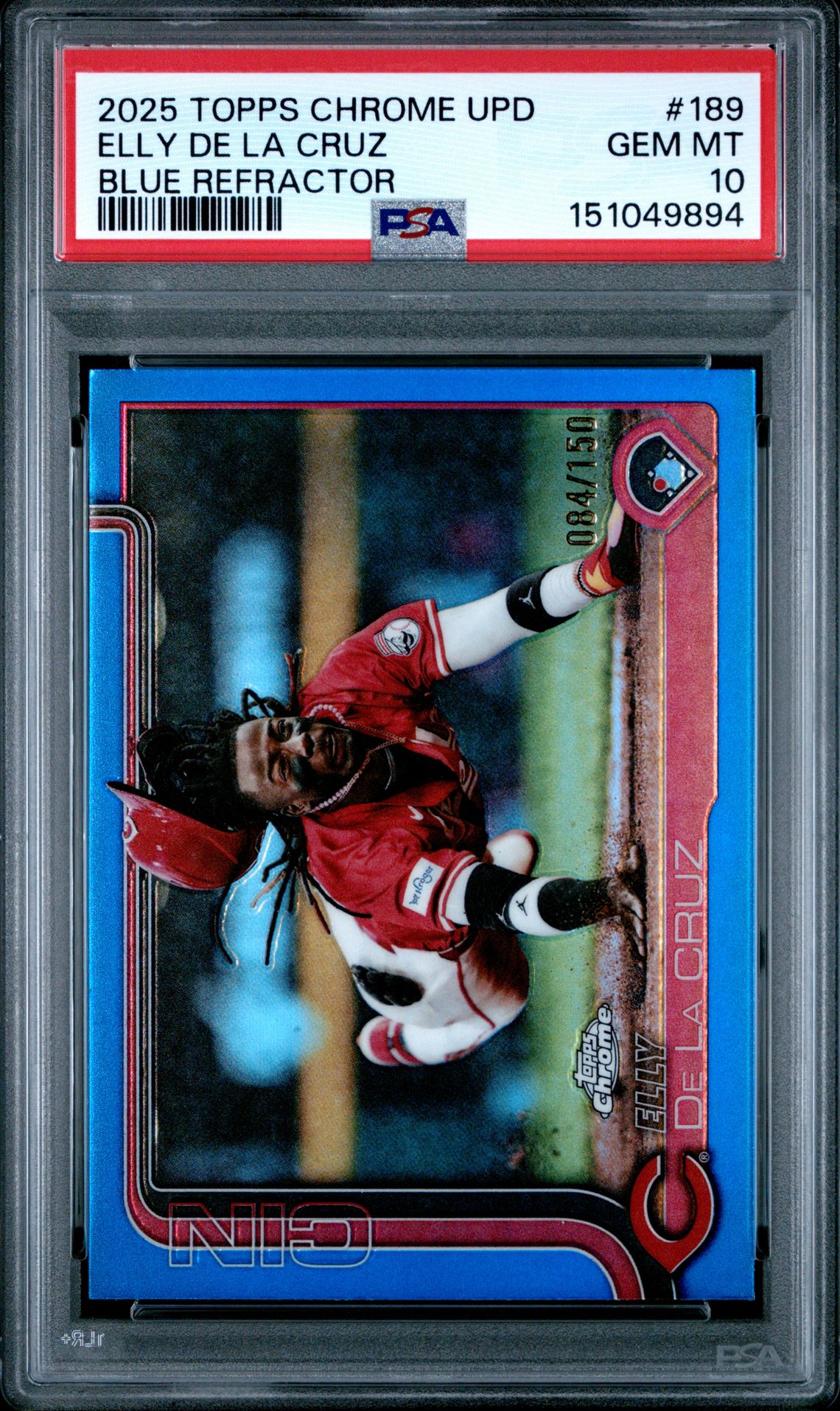 2025 Topps Chrome Update Elly De La Cruz #189 (Blue Refractor) Gem Mt 10 front view - PSA graded GEM MT 10