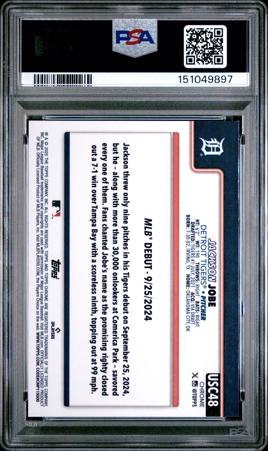 2025 Topps Chrome Update Jackson Jobe #48 (White Refractor) Mint 9 back