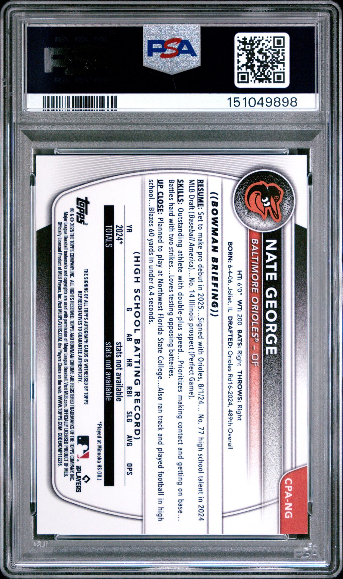 2025 Bowman Chrome Prospect Autographs Nate George #Cpang Mint 9 back