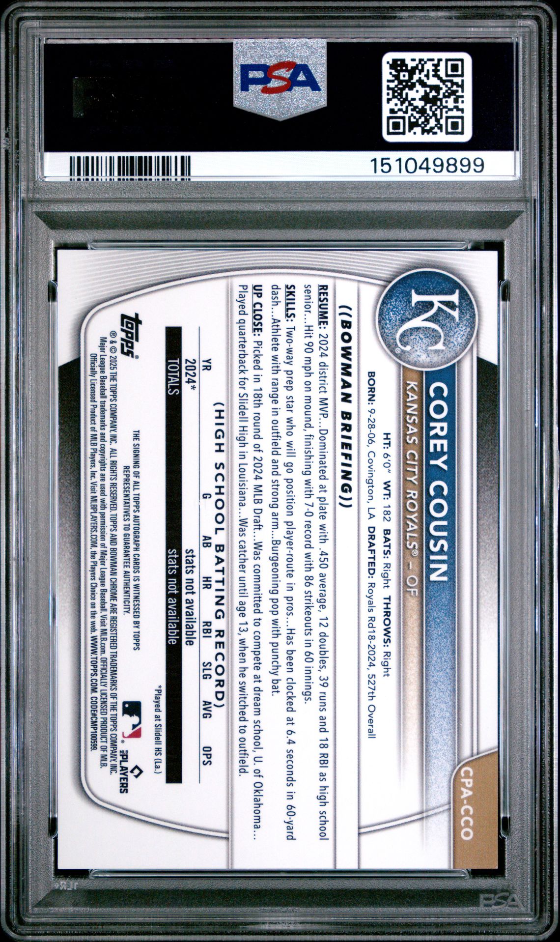 2025 Bowman Chrome Prospect Autographs Corey Cousin #Cpacco (Chrome Pros Au-Blue Ref) Mint 9 back