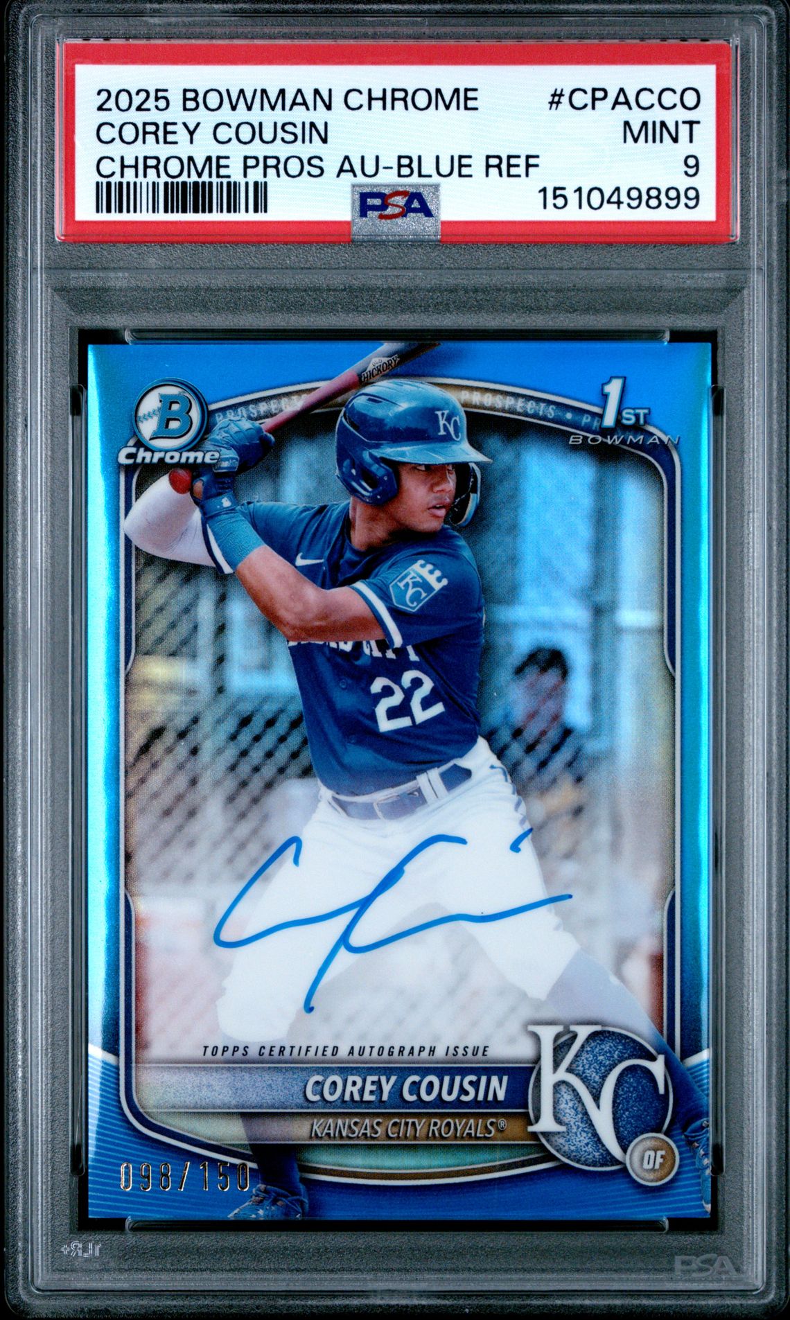 2025 Bowman Chrome Prospect Autographs Corey Cousin #Cpacco (Chrome Pros Au-Blue Ref) Mint 9 front