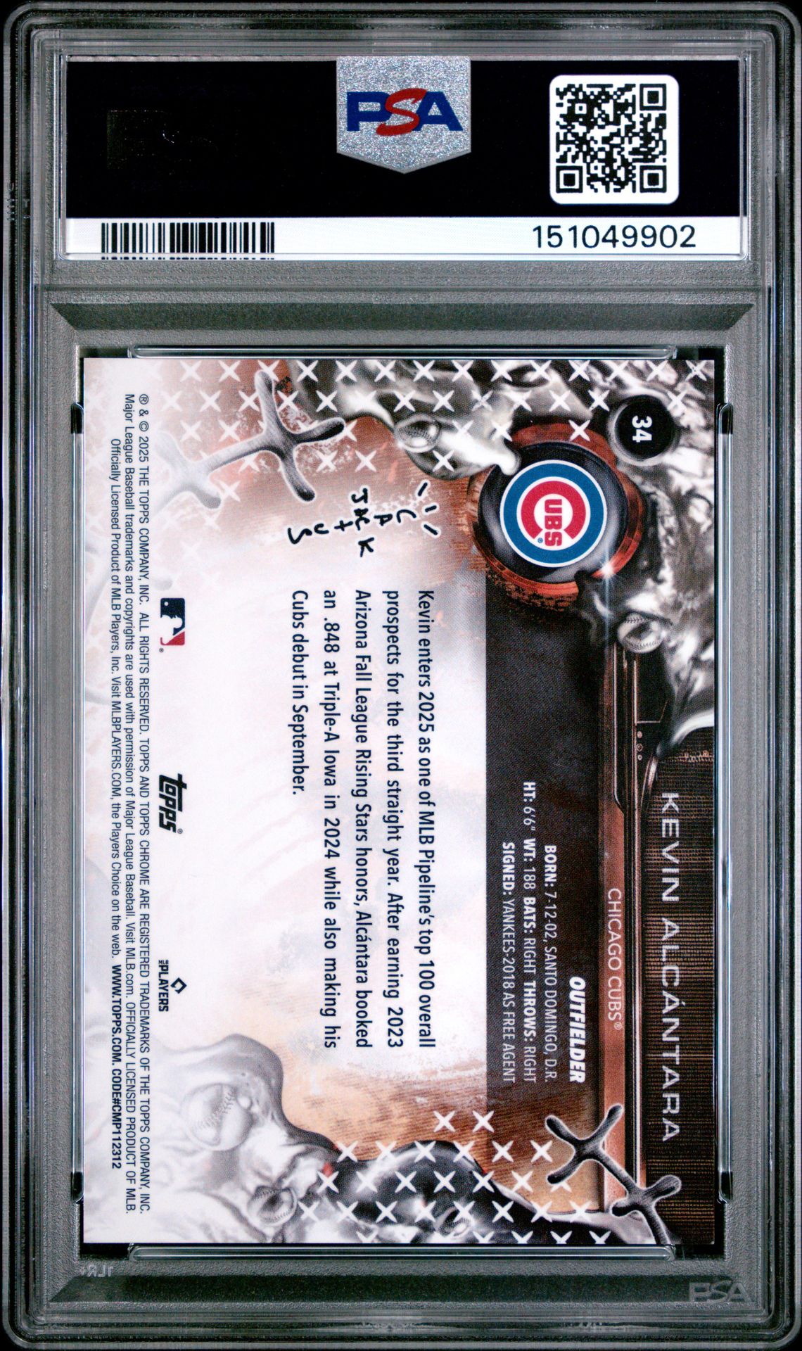 2025 Topps Chrome X Cactus Jack Kevin Alcantara #34 (Orange Refractor) Gem Mt 10 back view - PSA certificate #151049902