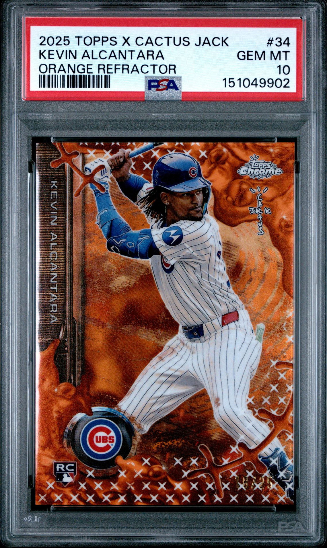 2025 Topps Chrome X Cactus Jack Kevin Alcantara #34 (Orange Refractor) Gem Mt 10 front view - PSA graded GEM MT 10