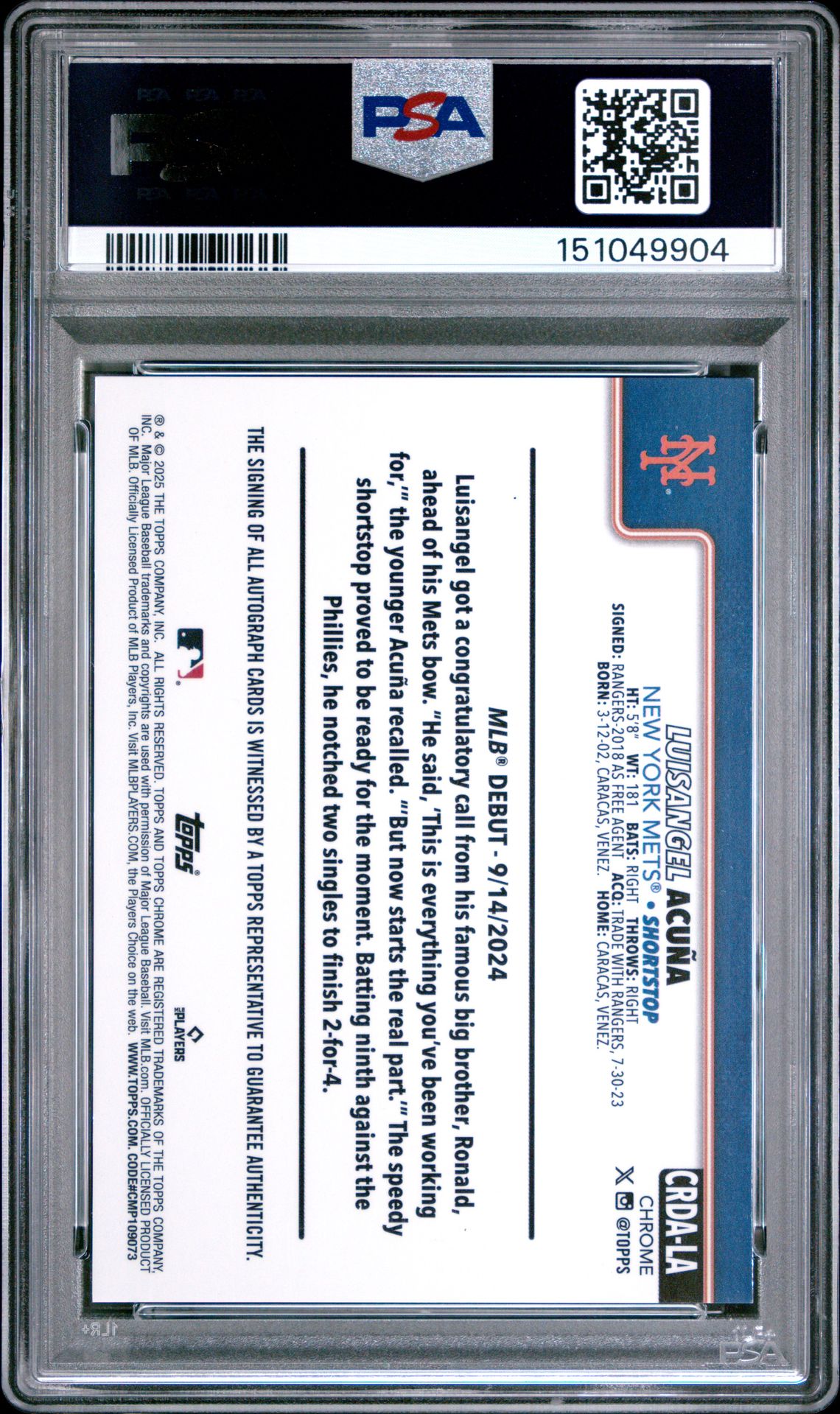 2025 Topps Chrome Update Rookie Debut Autographs Luisangel Acuna #La (Rookie Debut Auto-Purple Ref) Mint 9 back