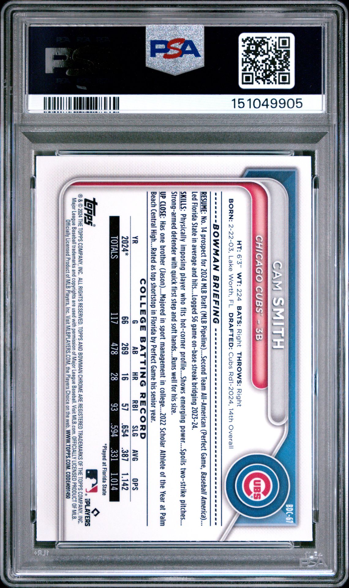 2024 Bowman Draft Cam Smith #Bdc67 (Chr-Ylw Lunar Crater Ref) Mint 9 back