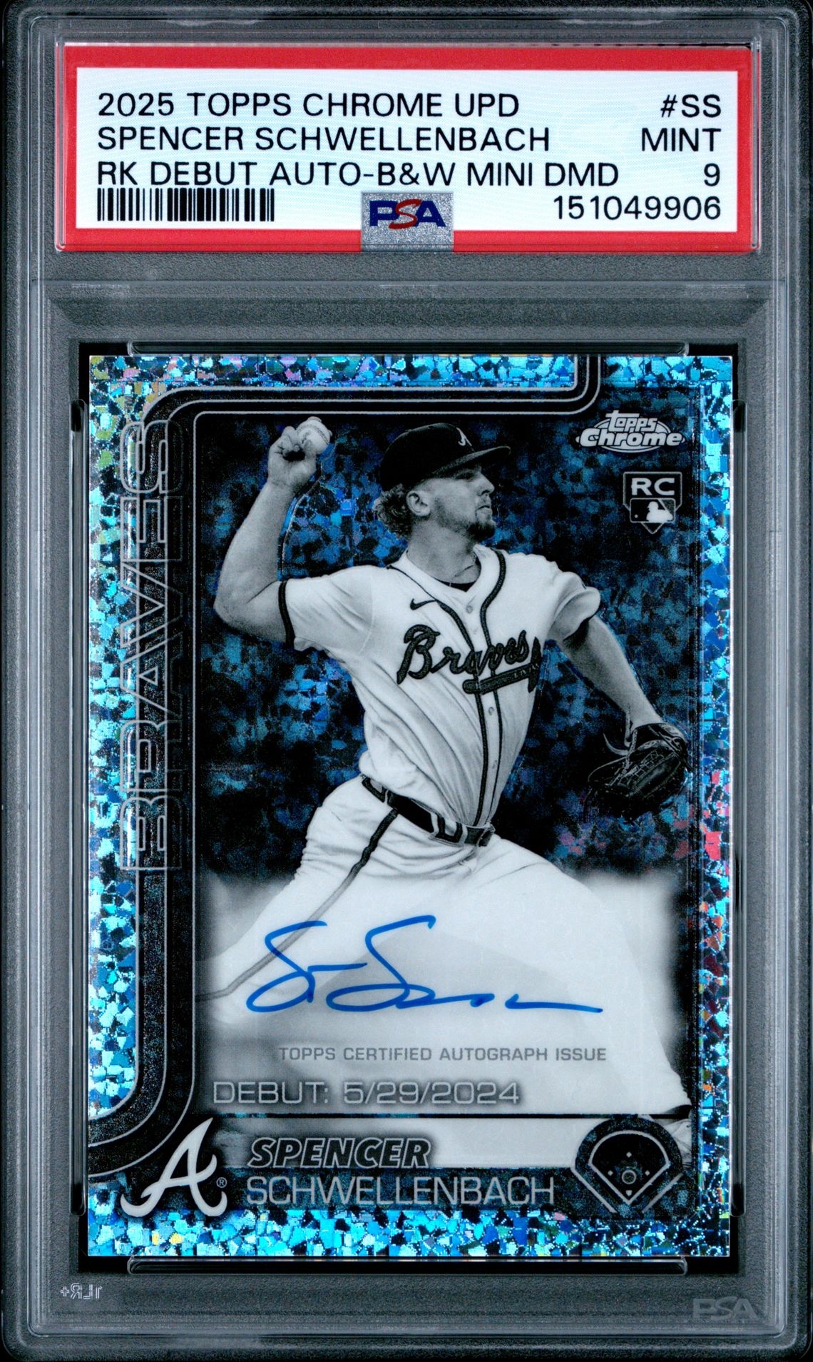 2025 Topps Chrome Update Rookie Debut Autographs Spencer Schwellenbach #Ss (Rk Debut Auto-B&W Mini Dmd) Mint 9 front