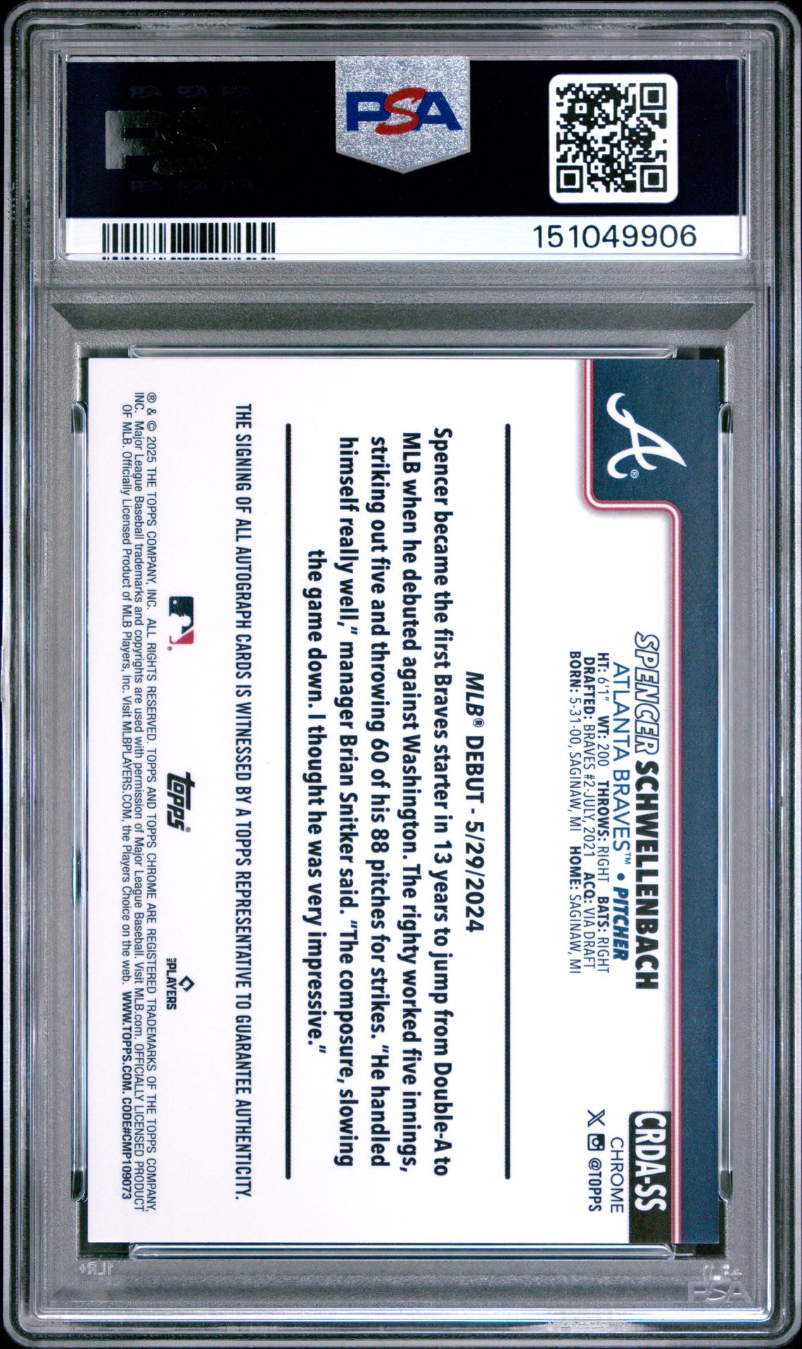 2025 Topps Chrome Update Rookie Debut Autographs Spencer Schwellenbach #Ss (Rk Debut Auto-B&W Mini Dmd) Mint 9 back