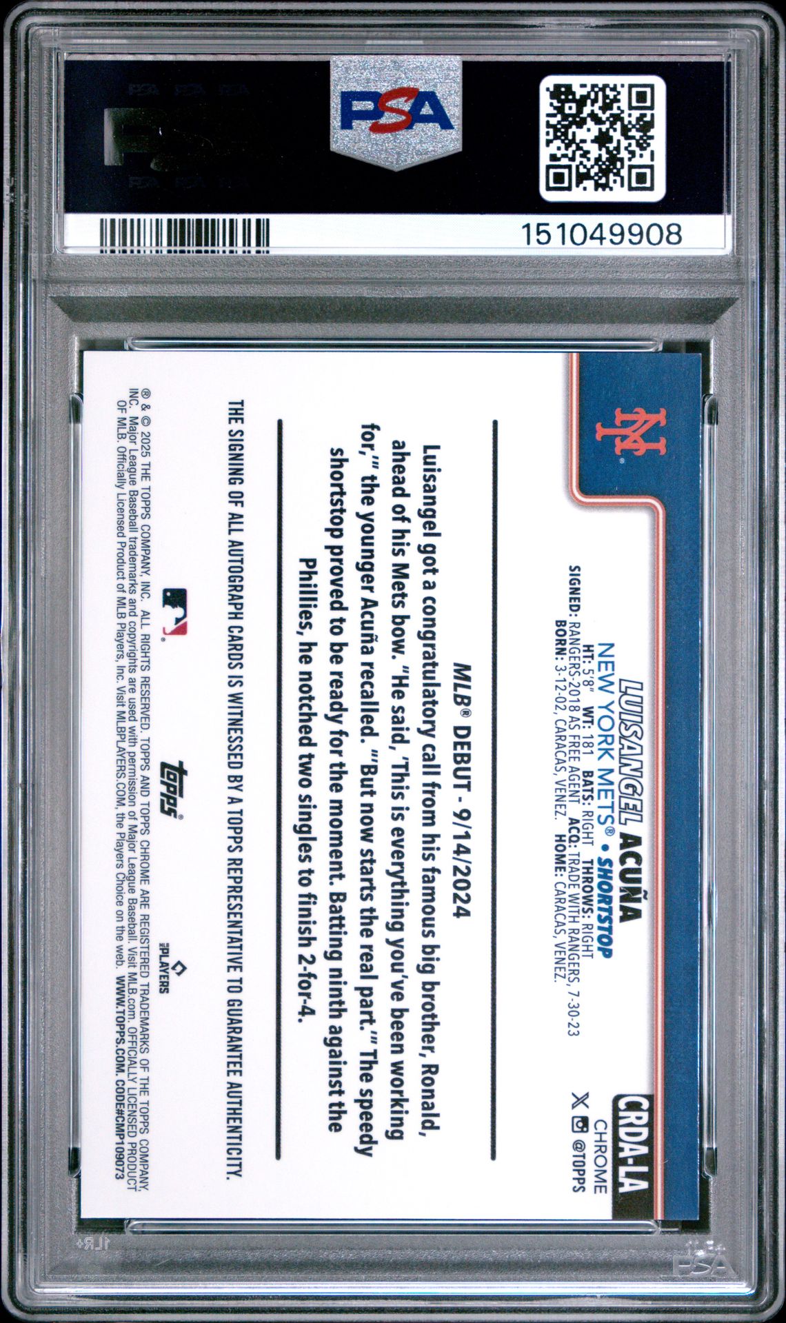 2025 Topps Chrome Update Rookie Debut Autographs Luisangel Acuna #La (Rk Debut Auto-Blue Raywave) Mint 9 back