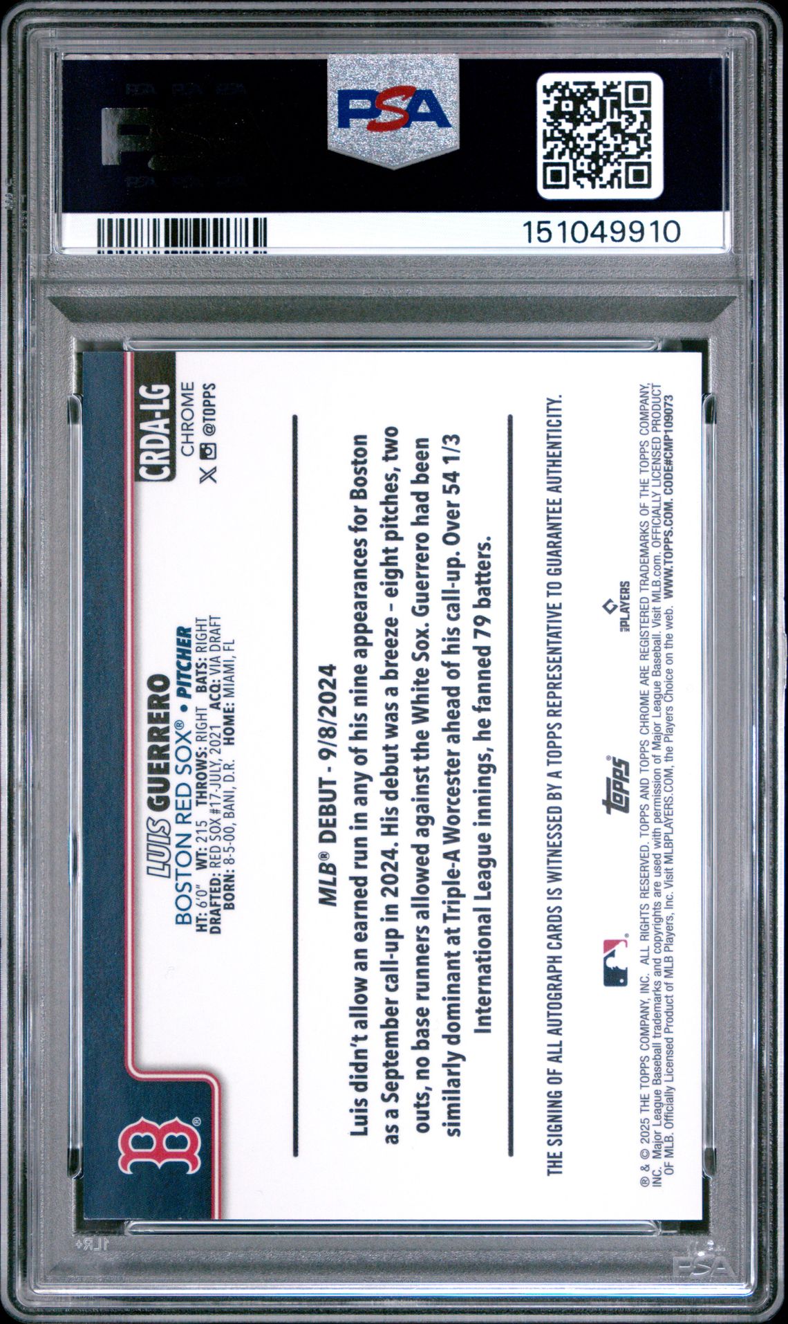 2025 Topps Chrome Update Rookie Debut Autographs Luis Guerrero #Lg (Rk Debut Auto-B&W Mini Dmd) Mint 9 back