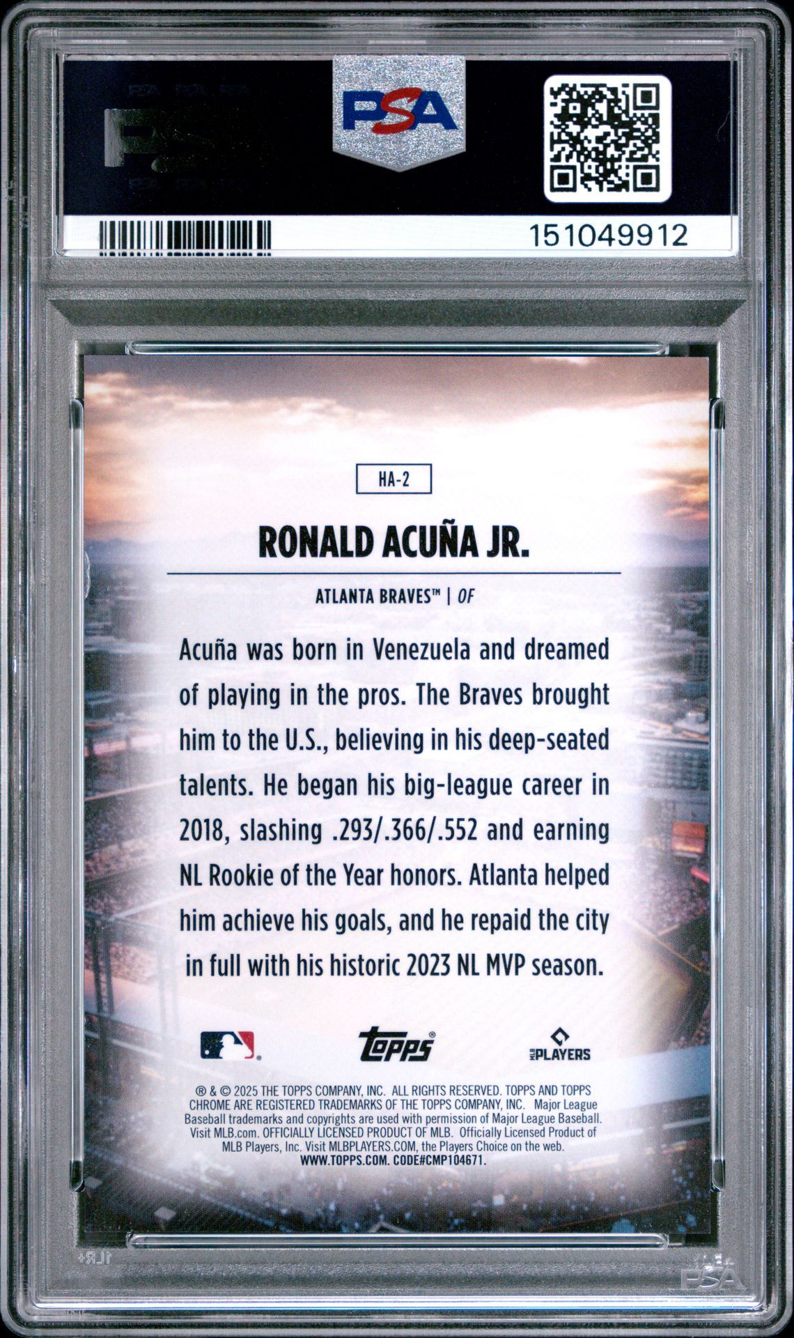 2025 Topps Chrome Home Field Advantage Ronald Acuna Jr. #Ha2 Gem Mt 10 back view - PSA certificate #151049912