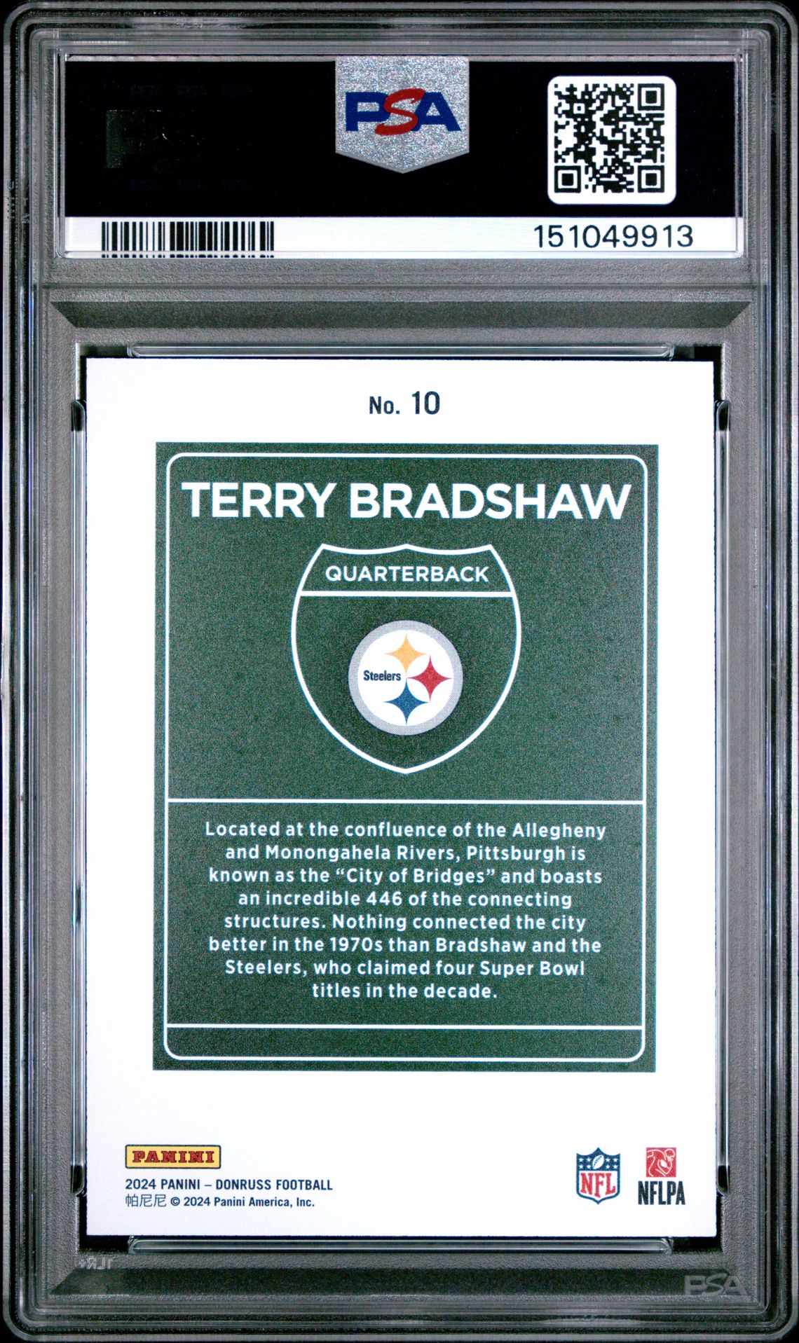 2024 Panini Donruss Downtown! Terry Bradshaw #10 (Downtown) Gem Mt 10 back view - PSA certificate #151049913