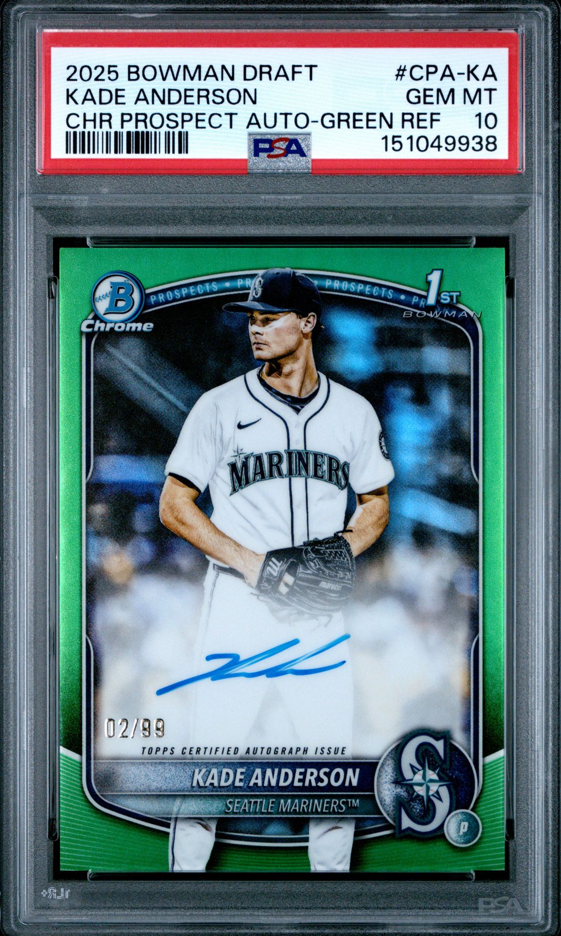 2025 Bowman BOWMAN DRAFT CHROME PROSPECT AUTOGRAPHS Green Refractor #CPA-KA Kade Anderson front