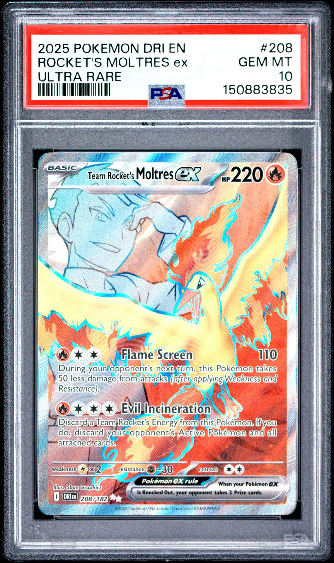 2025 Pokemon Dri En-Destined Rivals Rocket's Moltres Ex #208 (Ultra Rare) Gem Mt 10 front view - PSA graded GEM MT 10