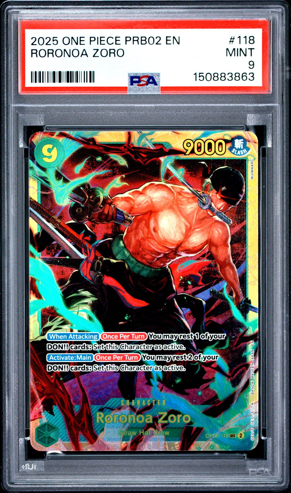 2025 One Piece Prb02-Premium Booster -One Piece Card The Best- Vol.2 Roronoa Zoro #118 Mint 9 front