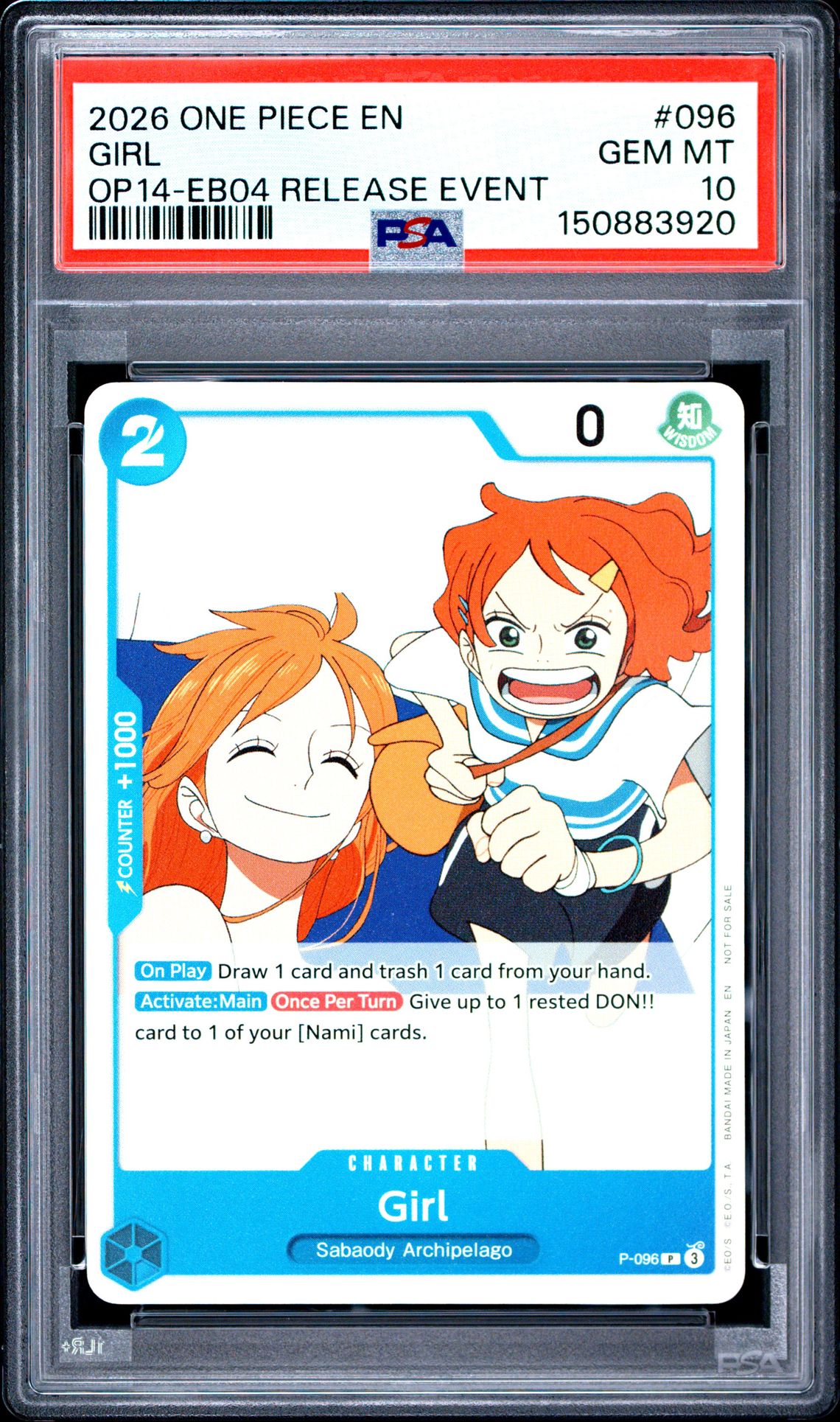 2026 One Piece Promos Girl #096 (Op14-Eb04 Release Event) Gem Mt 10 front view - PSA graded GEM MT 10