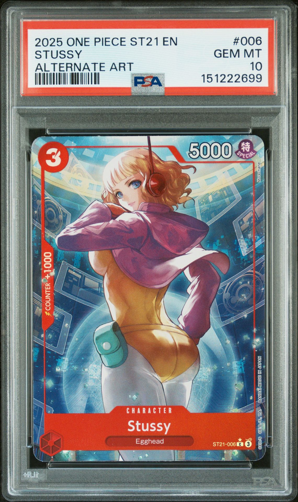 2025 One Piece Starter Deck St21-Ex Gear 5 Stussy #006 (Alternate Art) Gem Mt 10 front view - PSA graded GEM MT 10