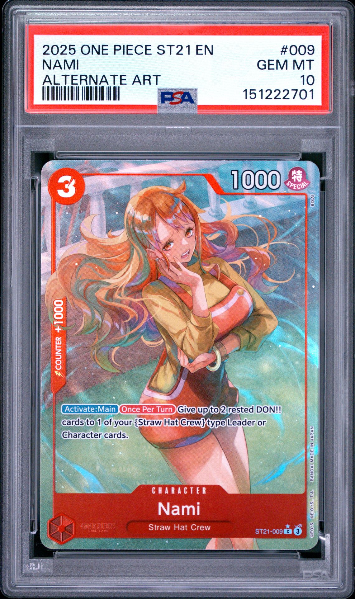 2025 One Piece Starter Deck St21-Ex Gear 5 Nami #009 (Alternate Art) Gem Mt 10 front view - PSA graded GEM MT 10