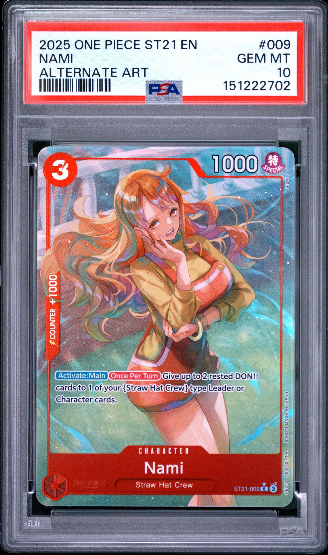 2025 One Piece Starter Deck St21-Ex Gear 5 Nami #009 (Alternate Art) Gem Mt 10 front view - PSA graded GEM MT 10