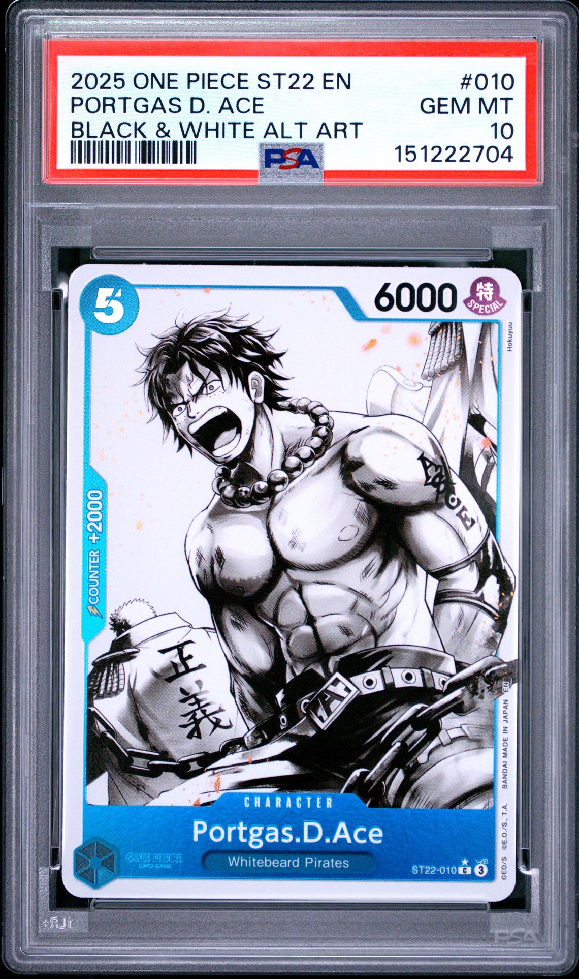 2025 One Piece Starter Deck St22-Ace & Newgate Portgas D. Ace #010 (Black & White Alt Art) Gem Mt 10 front view - PSA graded GEM MT 10