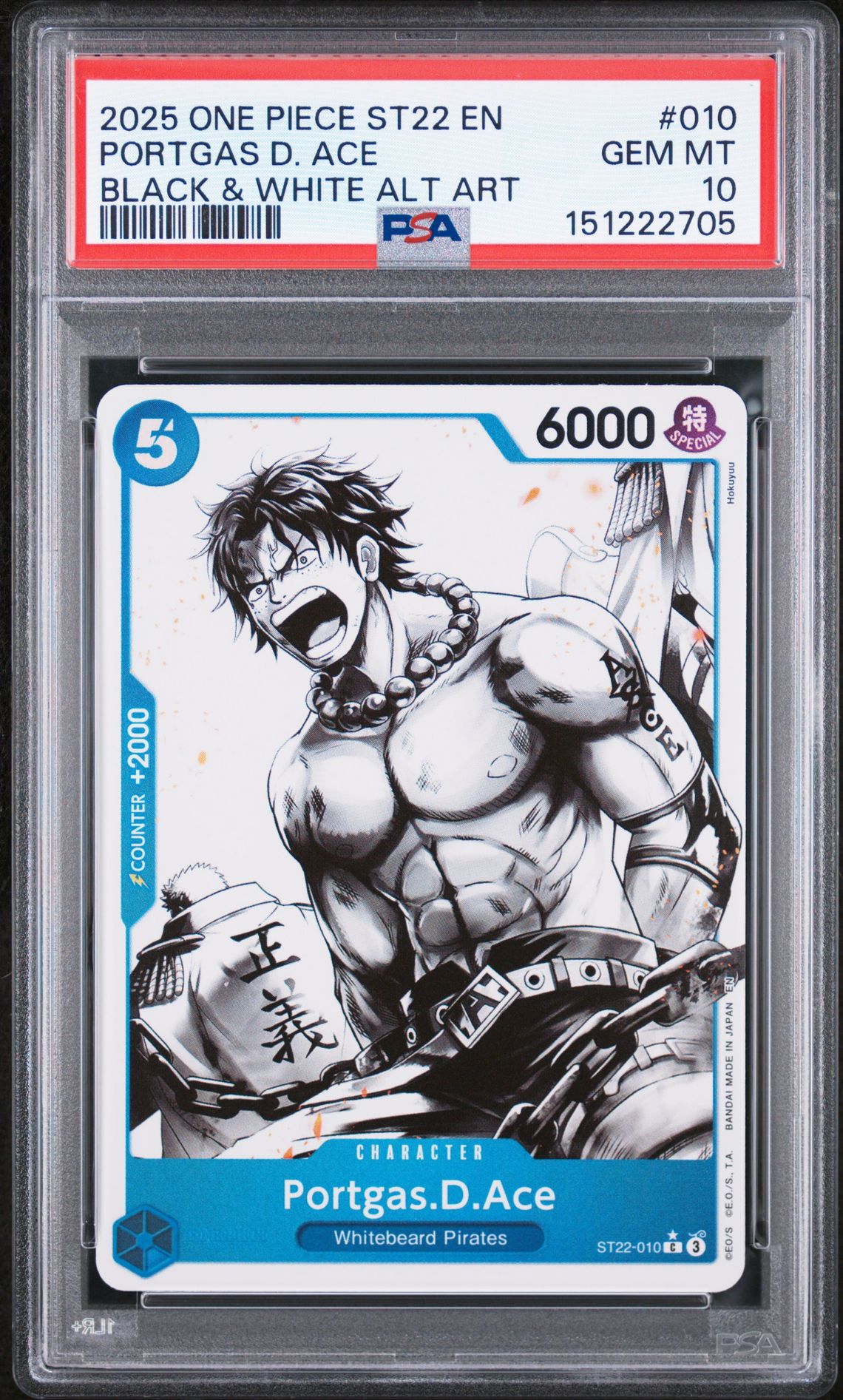 2025 One Piece Starter Deck St22-Ace & Newgate Portgas D. Ace #010 (Black & White Alt Art) Gem Mt 10 front view - PSA graded GEM MT 10