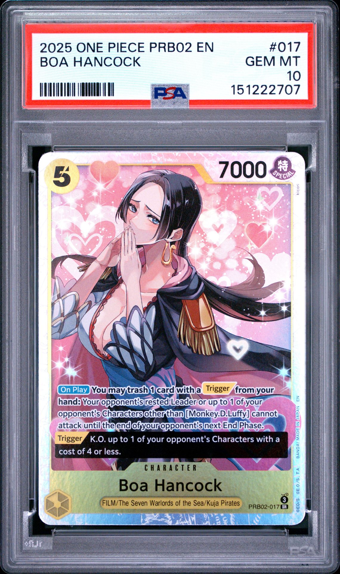 2025 One Piece Prb02-Premium Booster -One Piece Card The Best- Vol.2 Boa Hancock #017 Gem Mt 10 front view - PSA graded GEM MT 10