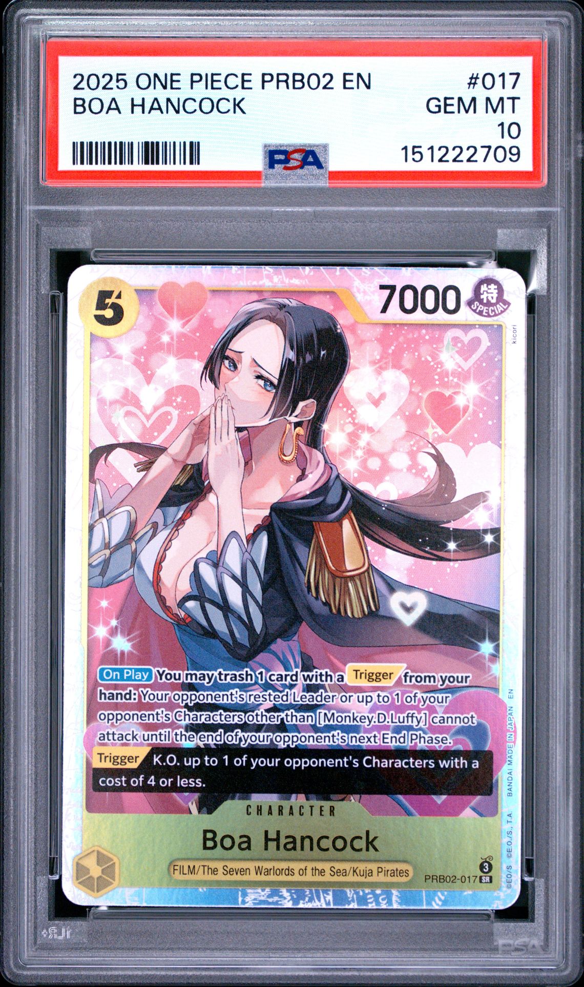 2025 One Piece Prb02-Premium Booster -One Piece Card The Best- Vol.2 Boa Hancock #017 Gem Mt 10 front view - PSA graded GEM MT 10