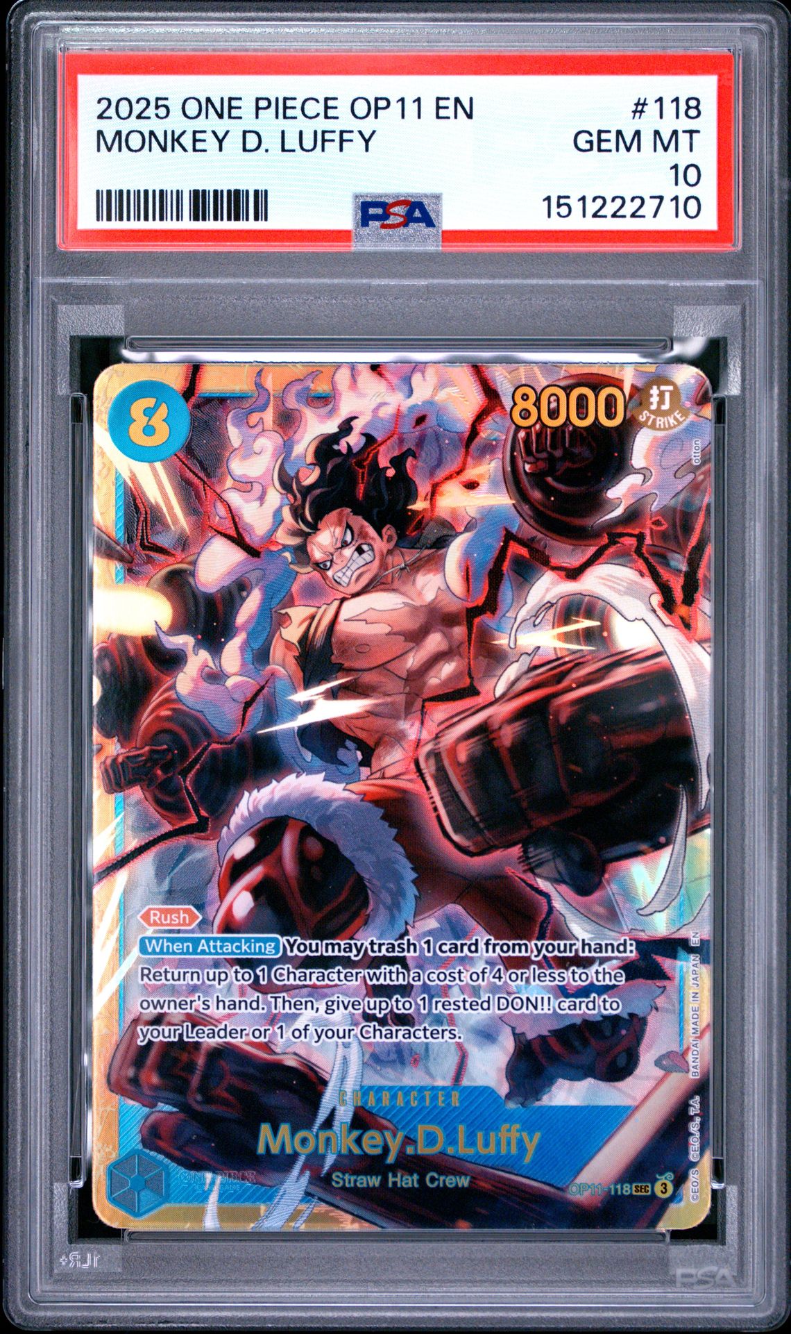 2025 One Piece Op11-A Fist Of Divine Speed Monkey D. Luffy #118 Gem Mt 10 front