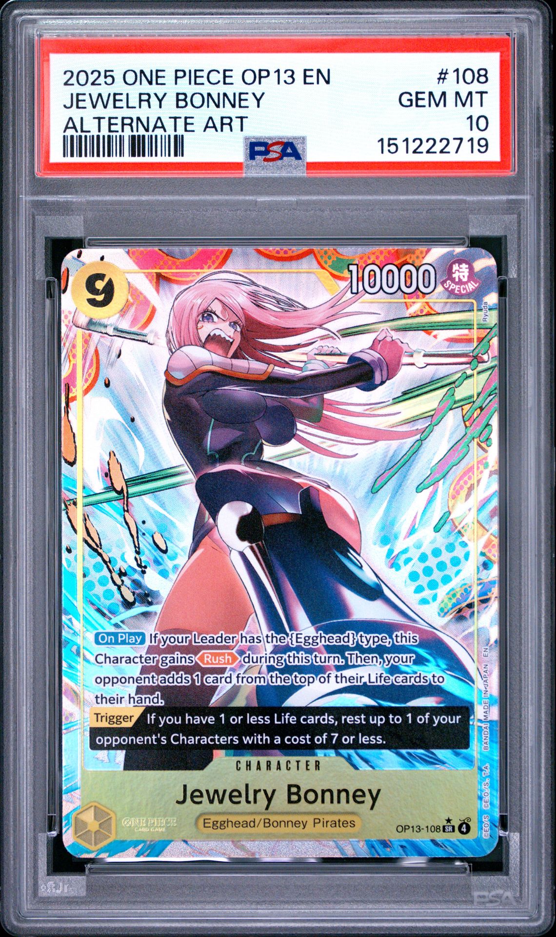 2025 One Piece Op13-Carrying On His Will Jewelry Bonney #108 (Alternate Art) Gem Mt 10 front view - PSA graded GEM MT 10