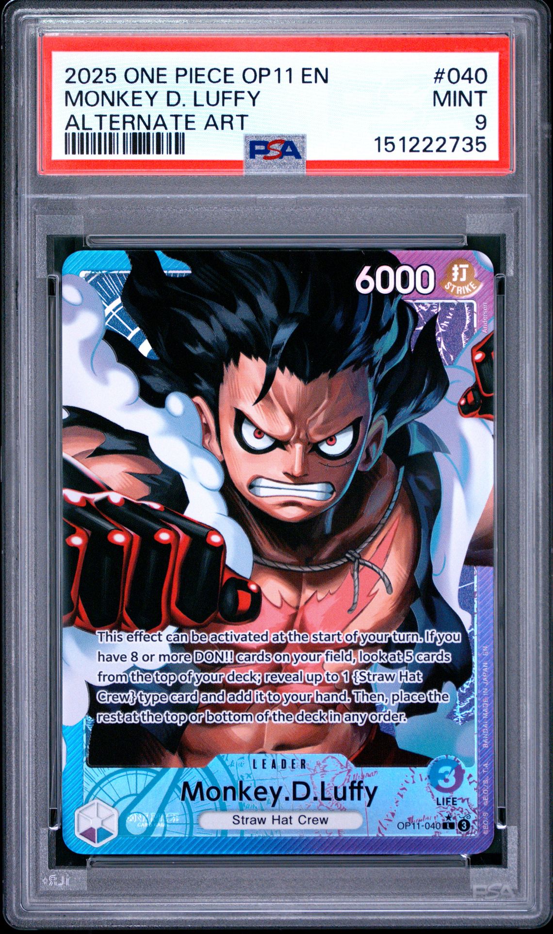 2025 One Piece Op11-A Fist Of Divine Speed Monkey D. Luffy #040 (Alternate Art) Mint 9 front