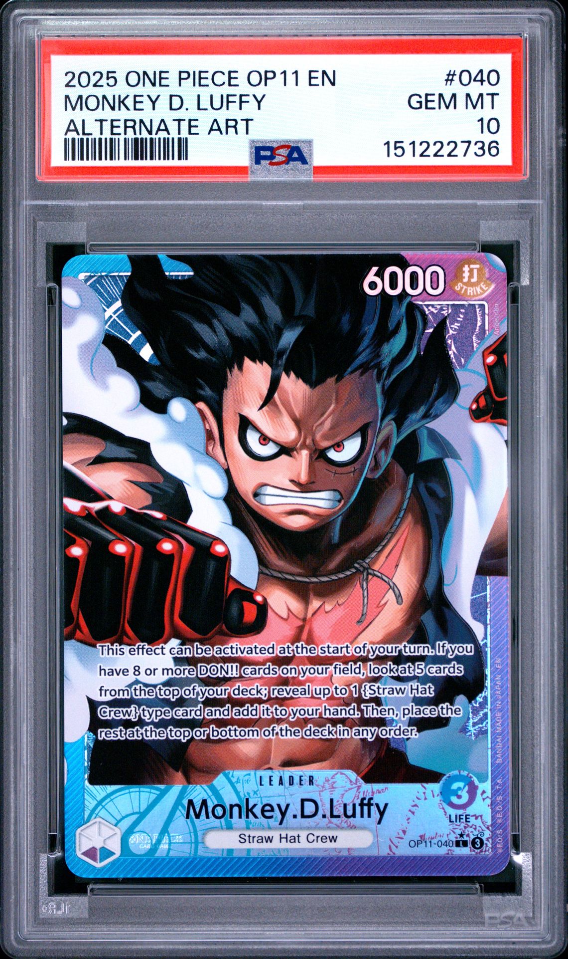 2025 One Piece Op11-A Fist Of Divine Speed Monkey D. Luffy #040 (Alternate Art) Gem Mt 10 front view - PSA graded GEM MT 10