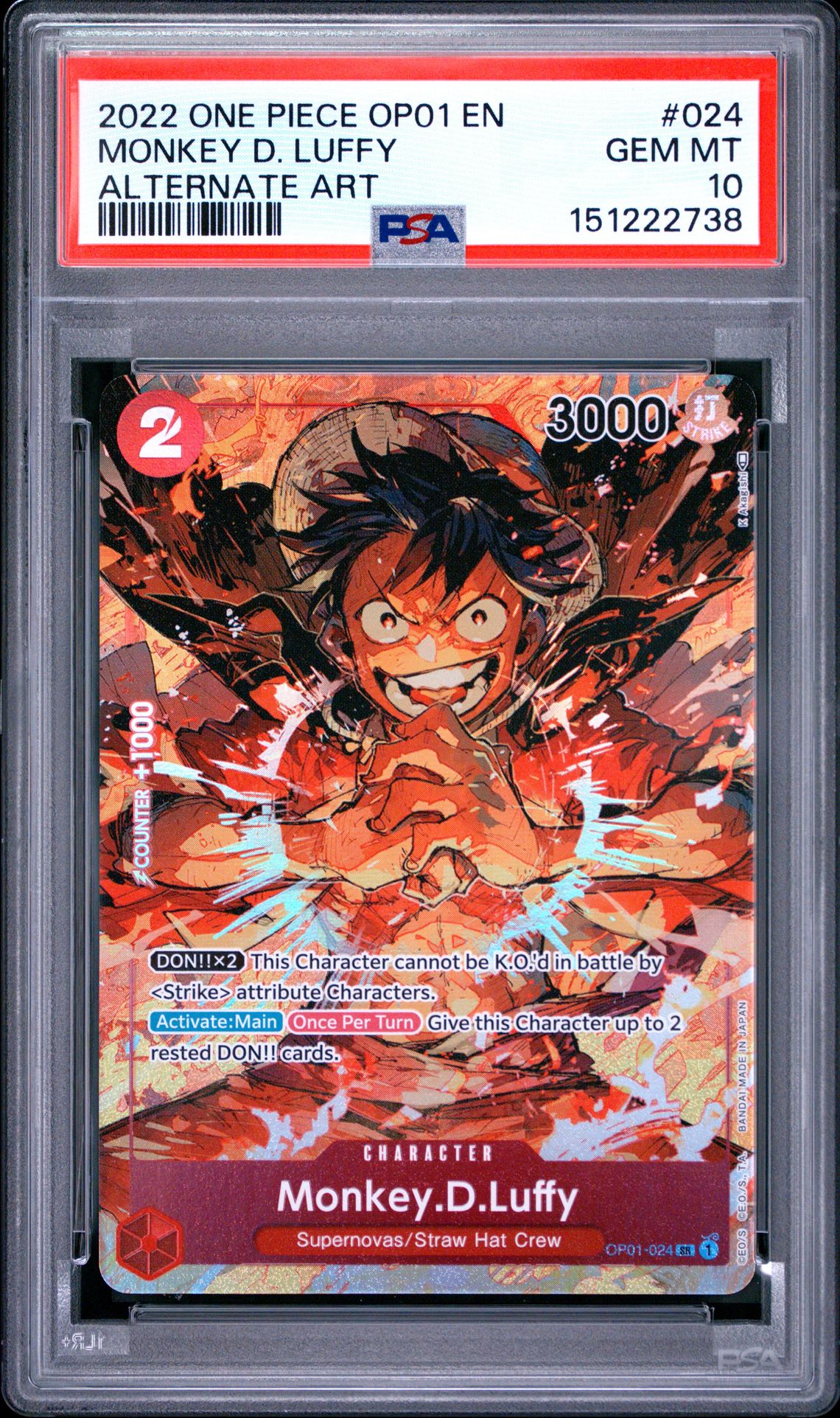 2022 One Piece Op01-Romance Dawn Monkey D. Luffy #024 (Alternate Art) Gem Mt 10 front view - PSA graded GEM MT 10