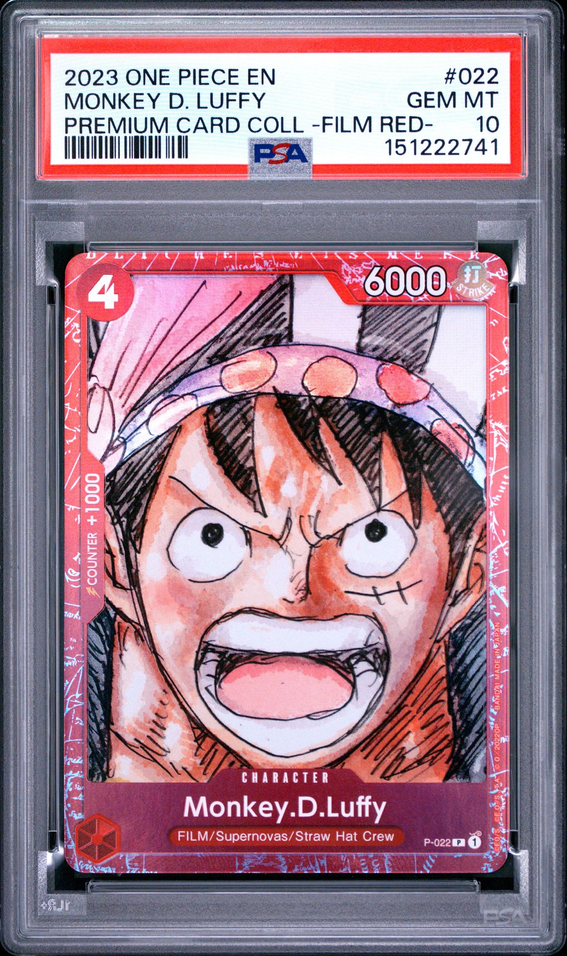 2023 One Piece Premium Card Collection -One Piece Film Red- Monkey D. Luffy #022 Gem Mt 10 front view - PSA graded GEM MT 10