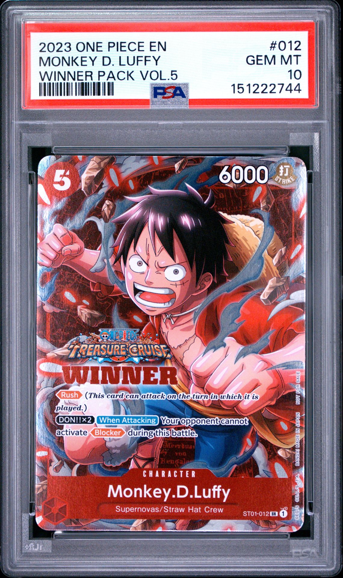 2023 One Piece Promos Monkey D. Luffy #012 (Winner Pack Vol.5) Gem Mt 10 front view - PSA graded GEM MT 10