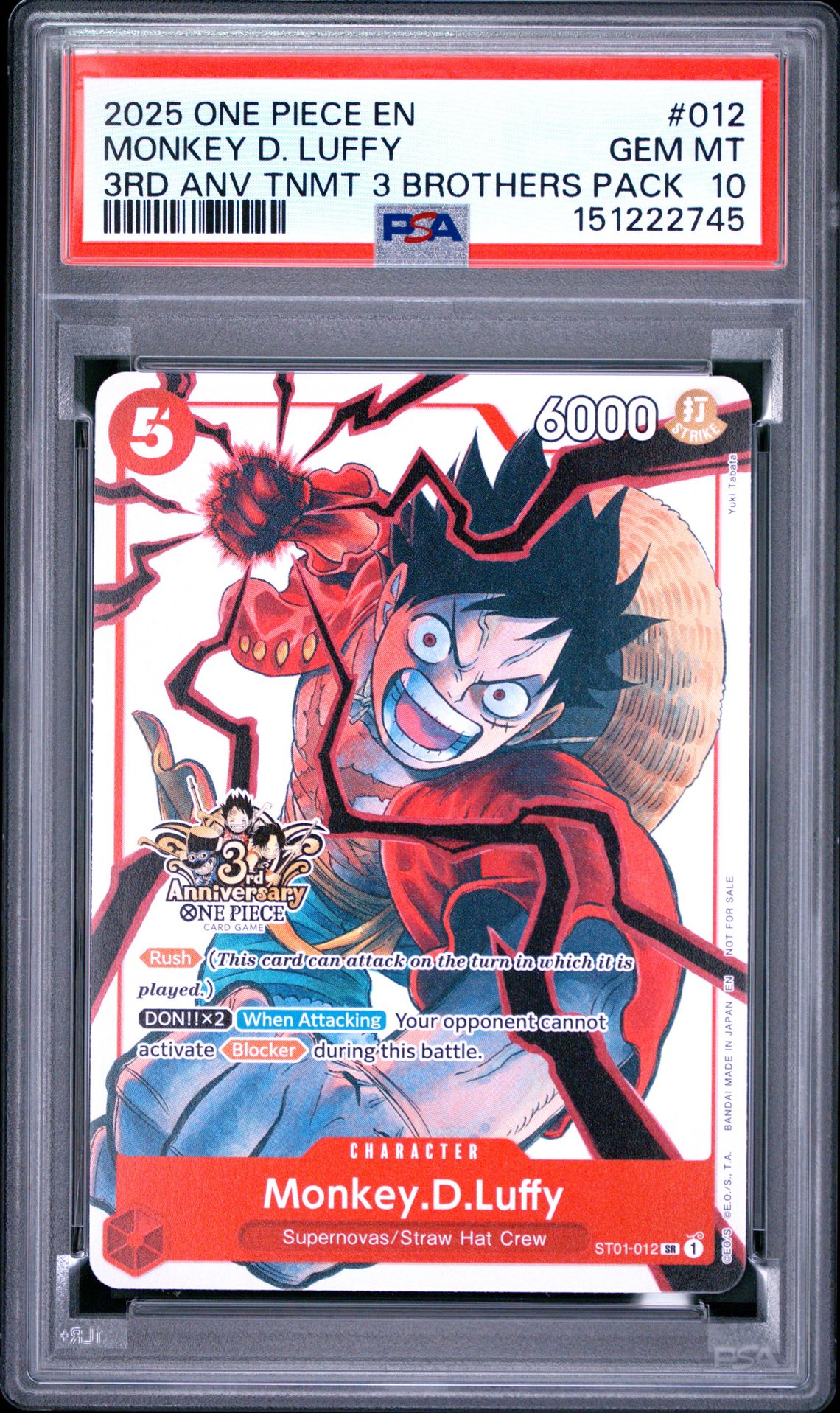 2025 One Piece 3Rd Anniversary Tournament 3 Brothers Pack Monkey D. Luffy #012 Gem Mt 10 front view - PSA graded GEM MT 10