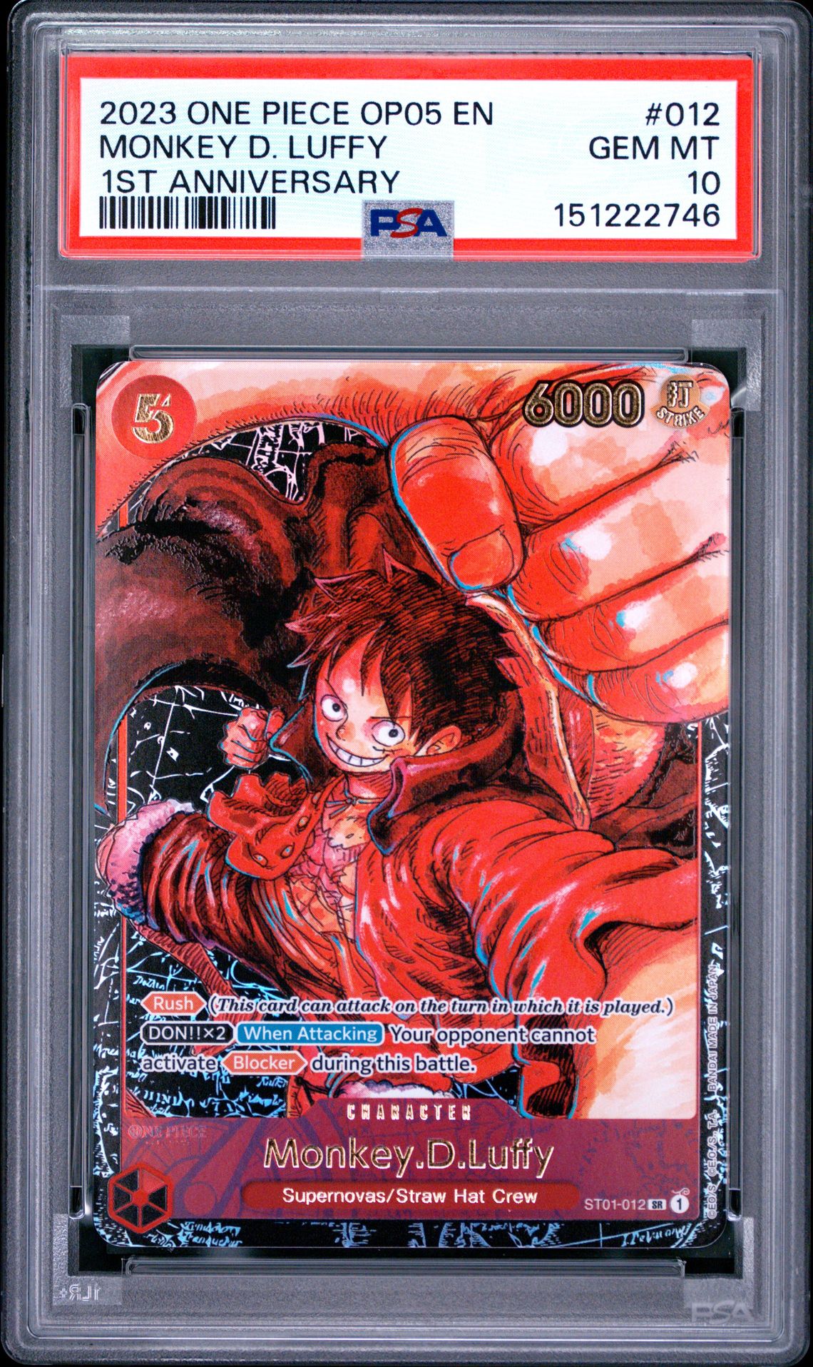 2023 One Piece Op05-Awakening Of The New Era Monkey D. Luffy #012 (1St Anniversary) Gem Mt 10 front