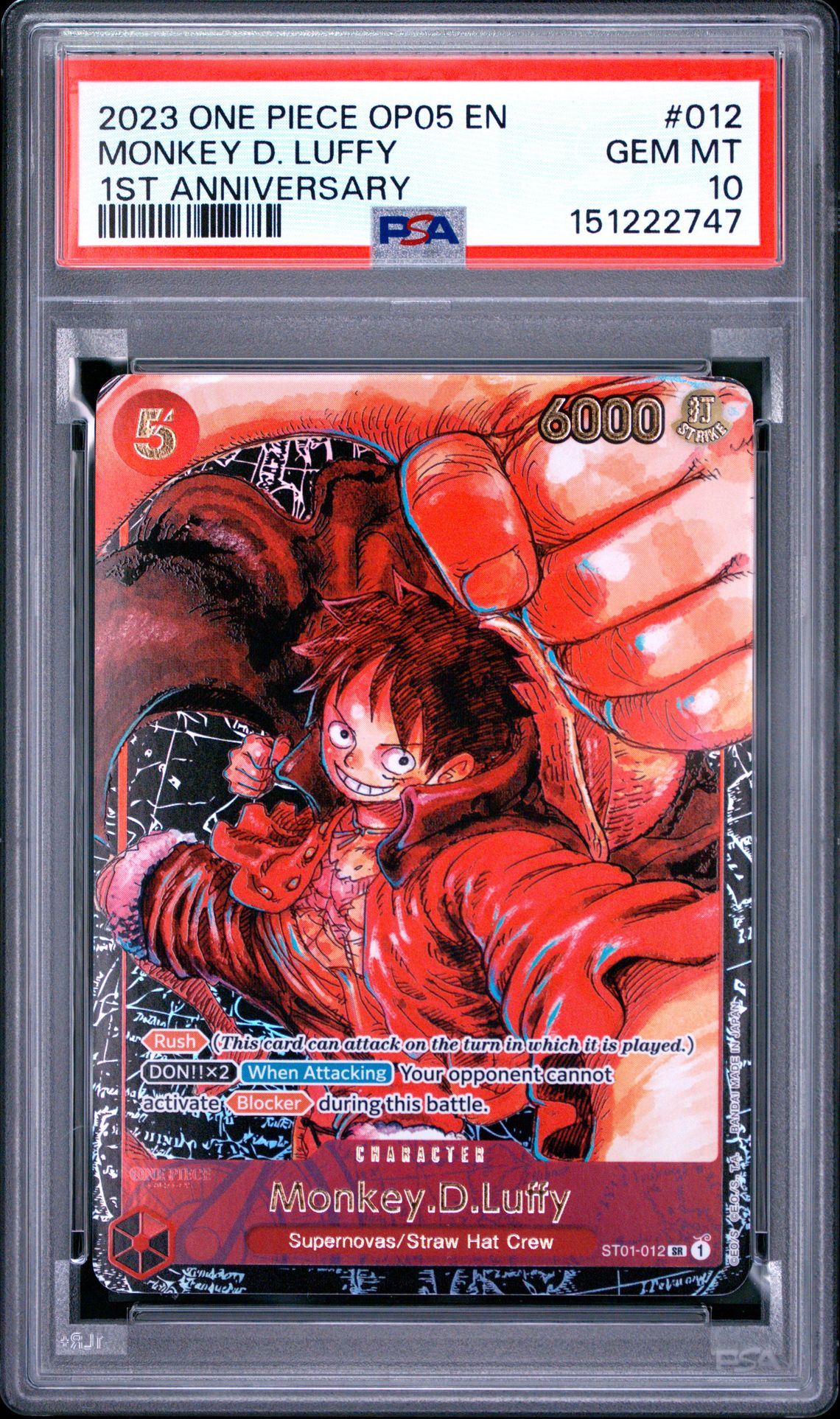 2023 One Piece Op05-Awakening Of The New Era Monkey D. Luffy #012 (1St Anniversary) Gem Mt 10 front view - PSA graded GEM MT 10