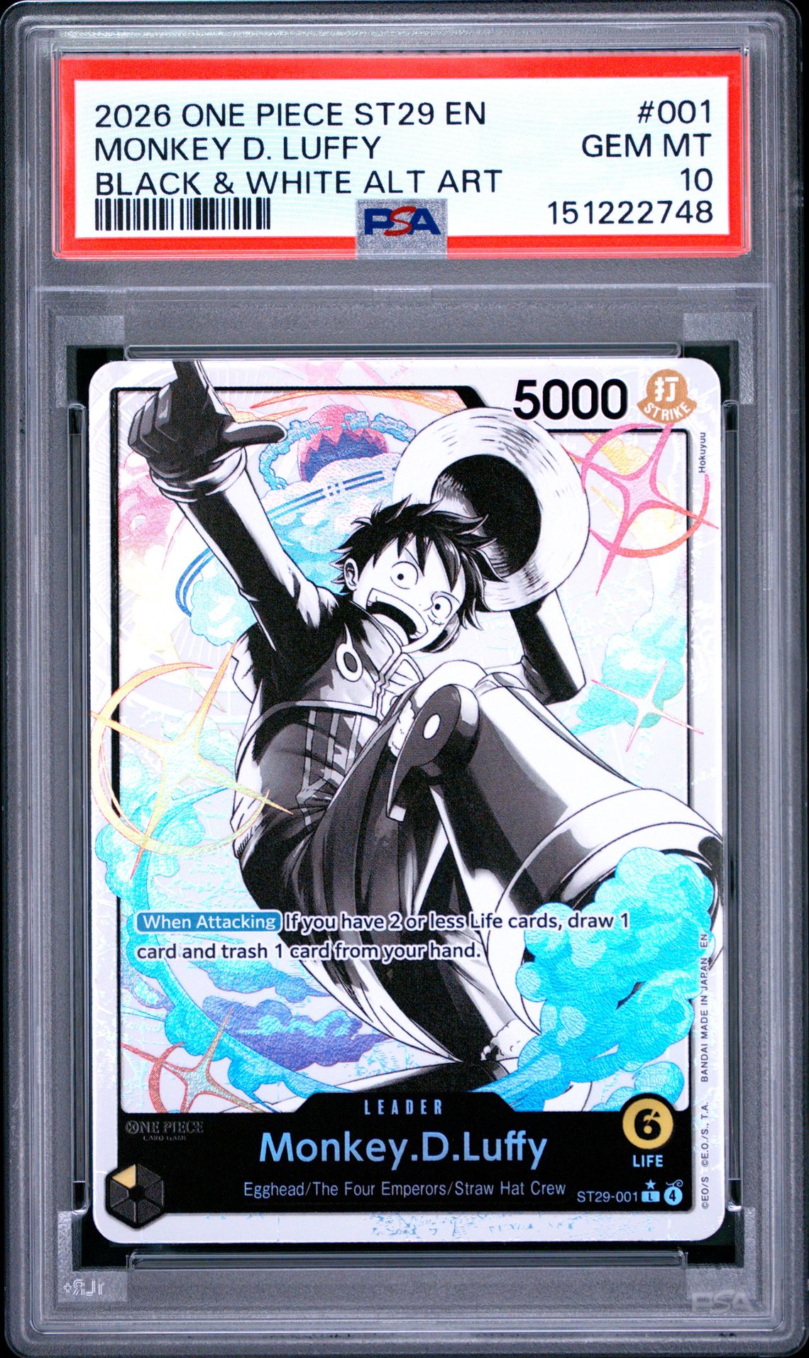 2026 One Piece Starter Deck St29-Egghead Monkey D. Luffy #001 (Black & White Alt Art) Gem Mt 10 front