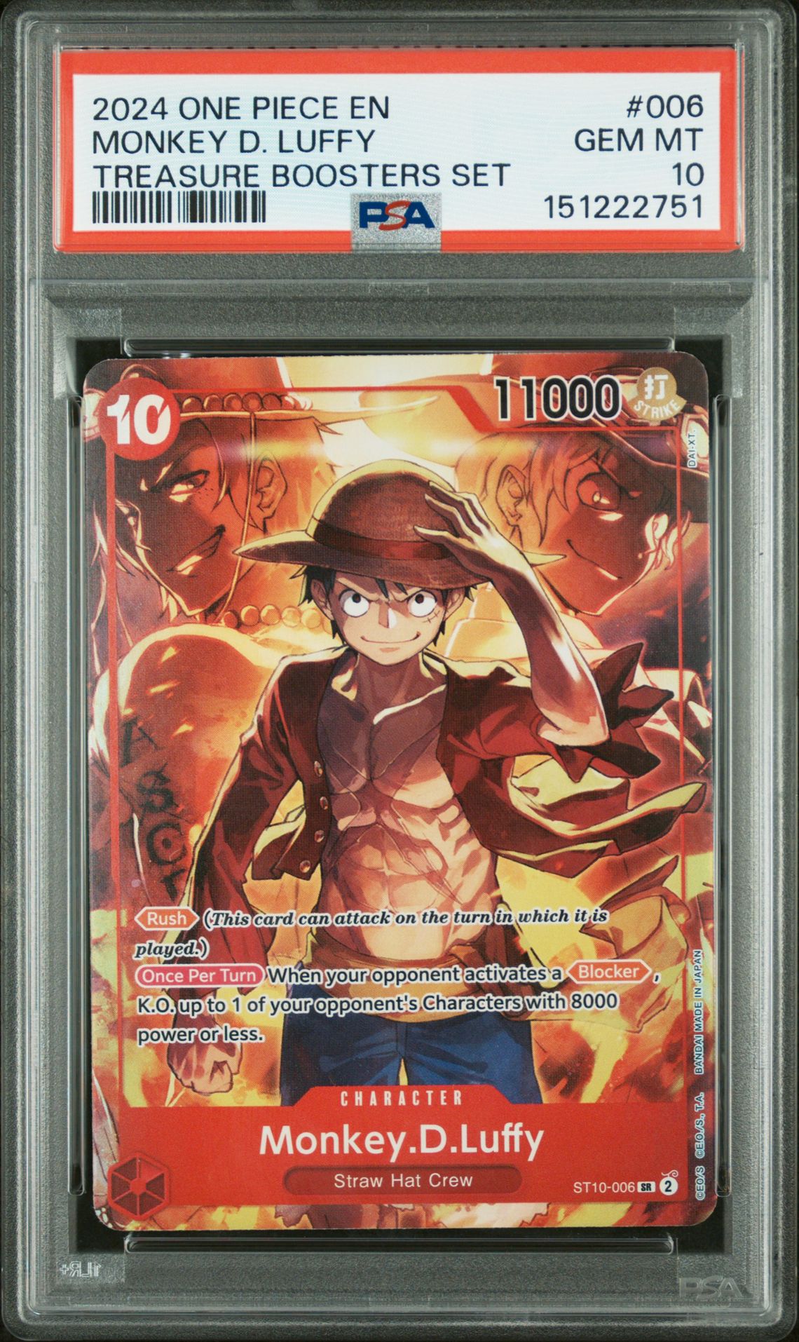 2024 One Piece Promos Monkey D. Luffy #006 (Treasure Boosters Set) Gem Mt 10 front view - PSA graded GEM MT 10