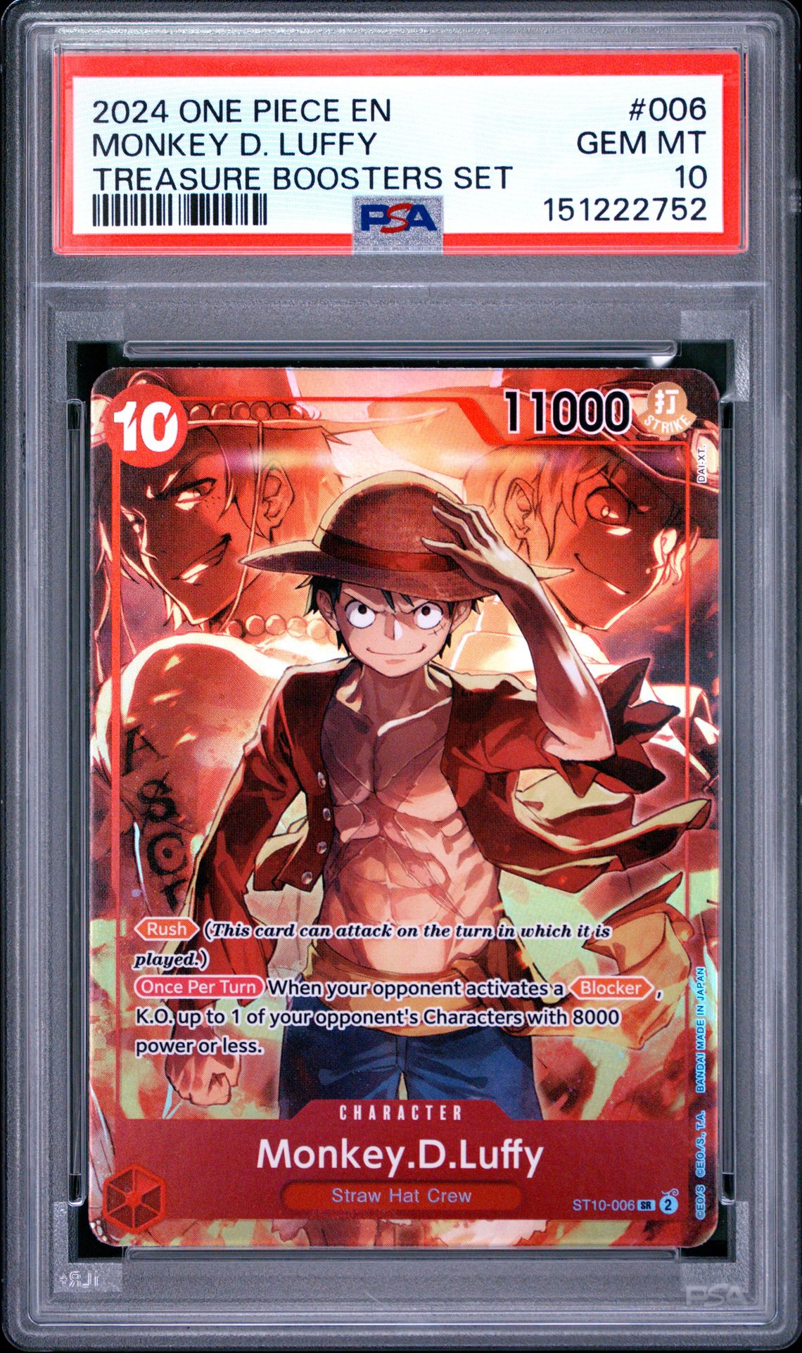 2024 One Piece Promos Monkey D. Luffy #006 (Treasure Boosters Set) Gem Mt 10 front view - PSA graded GEM MT 10
