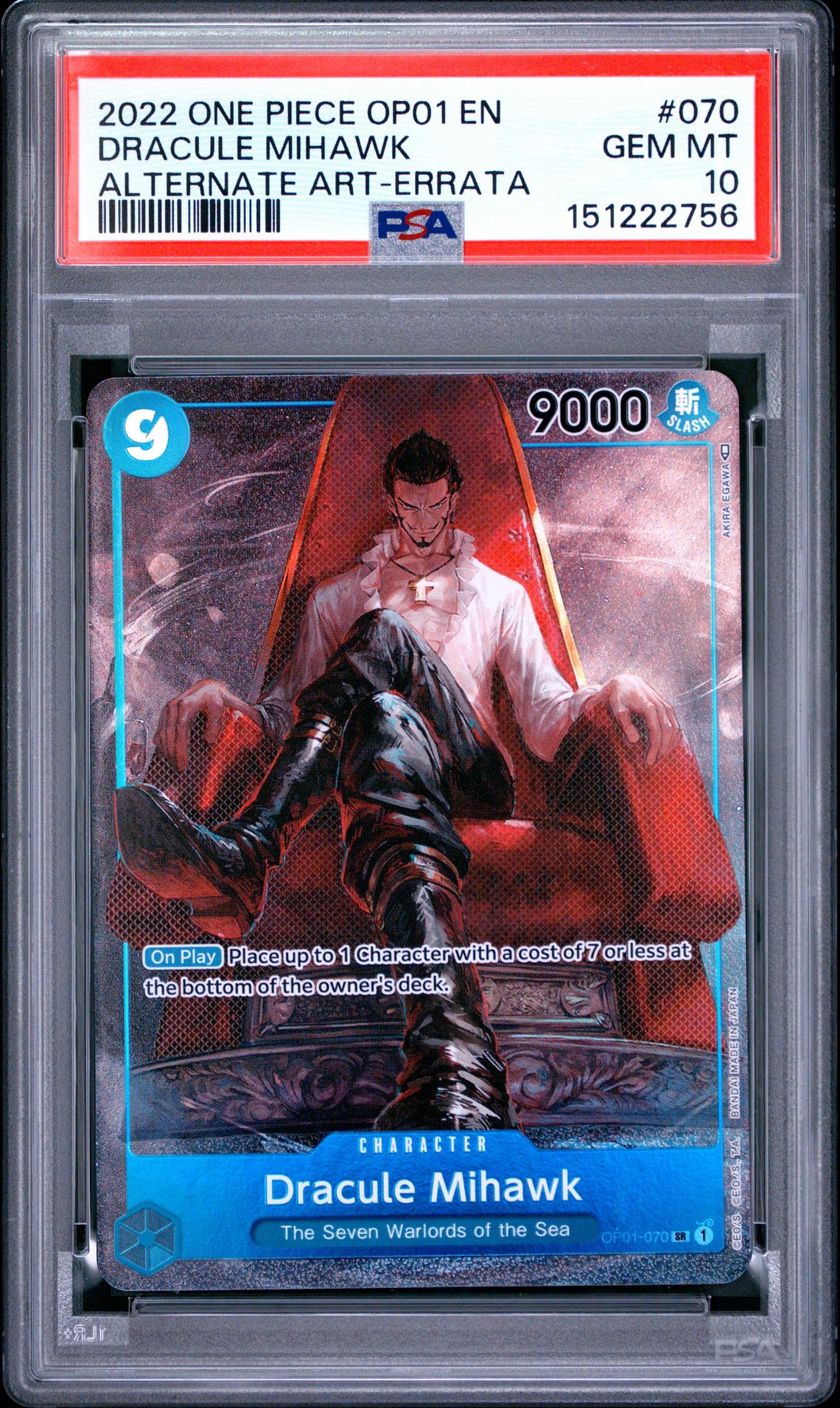 2022 One Piece Op01-Romance Dawn Dracule Mihawk #070 (Alternate Art-Errata) Gem Mt 10 front view - PSA graded GEM MT 10