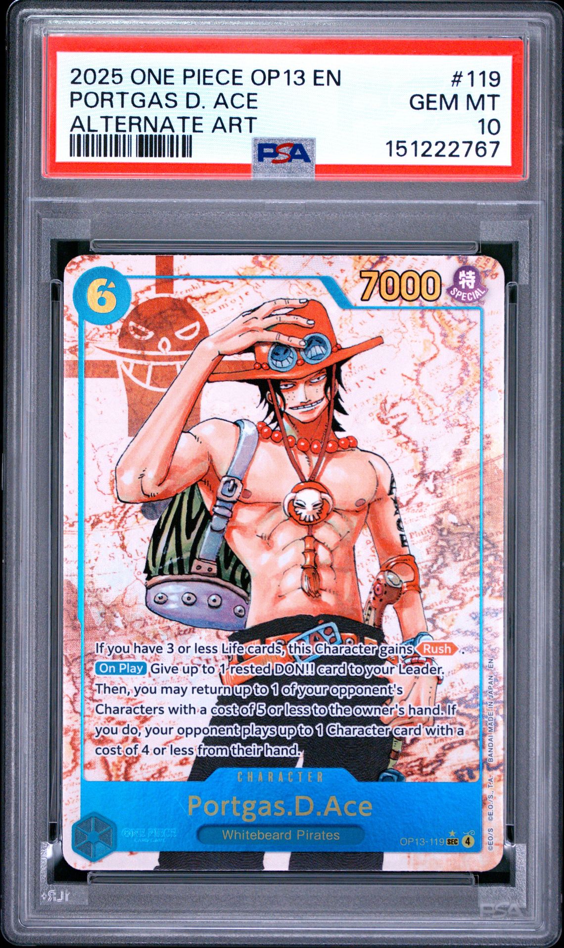 2025 One Piece Op13-Carrying On His Will Portgas D. Ace #119 (Alternate Art) Gem Mt 10 front