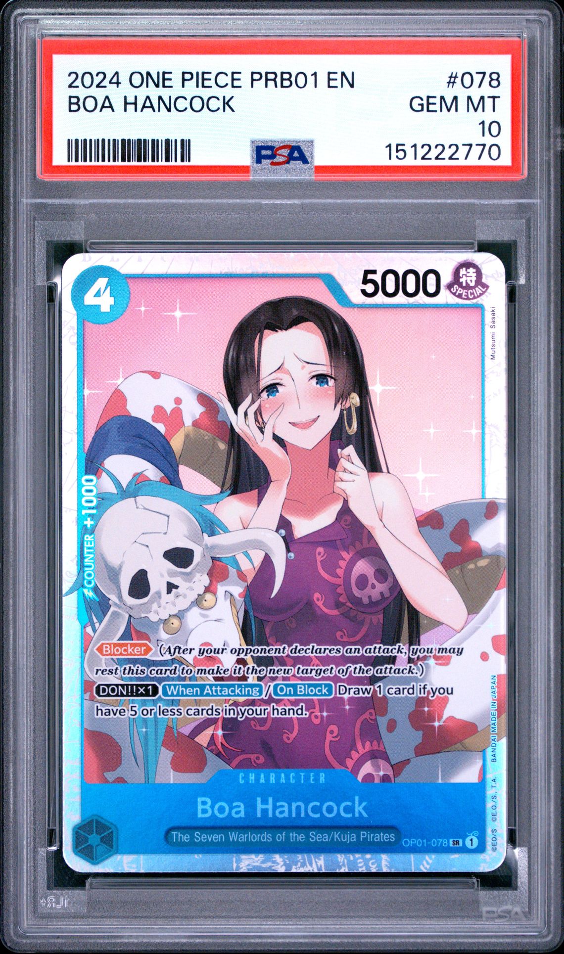 2024 One Piece Prb01-Premium Booster -One Piece Card The Best- Boa Hancock #078 Gem Mt 10 front view - PSA graded GEM MT 10
