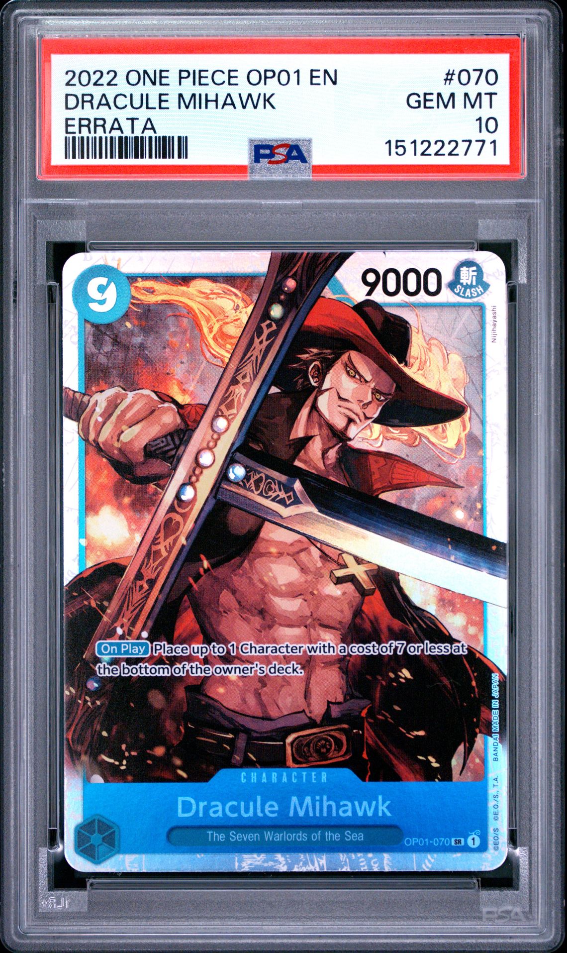 2022 One Piece Op01-Romance Dawn Dracule Mihawk #070 (Errata) Gem Mt 10 front view - PSA graded GEM MT 10