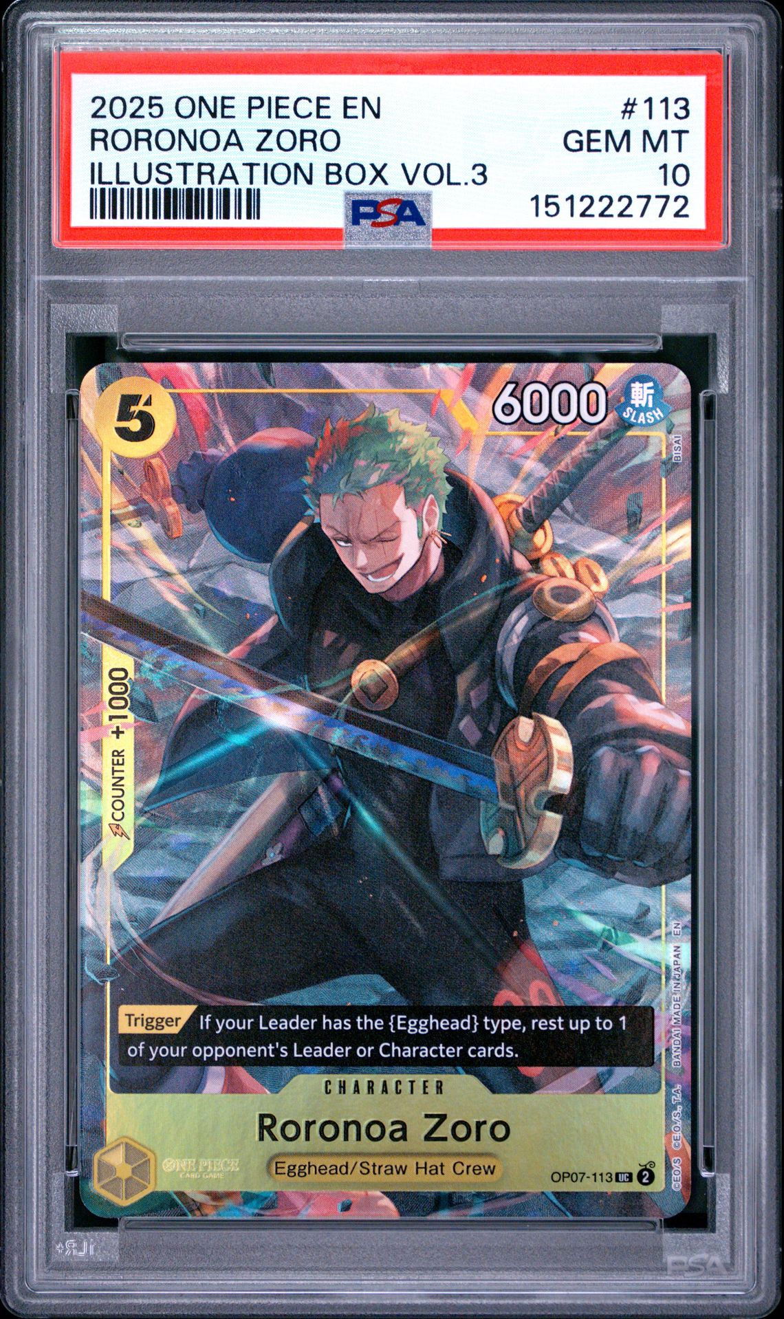 2025 One Piece Promos Roronoa Zoro #113 (Illustration Box Vol.3) Gem Mt 10 front view - PSA graded GEM MT 10
