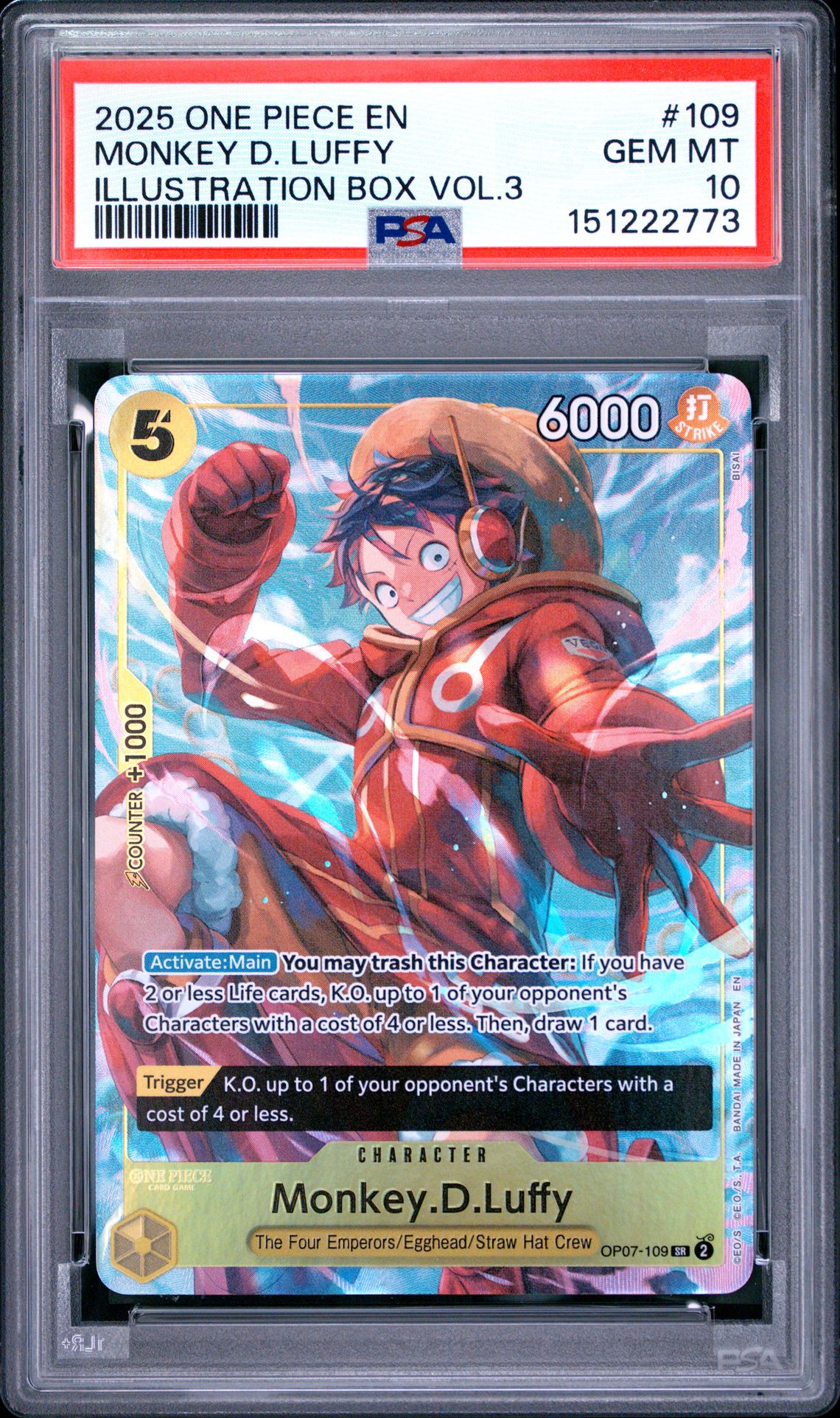 2025 One Piece Promos Monkey D. Luffy #109 (Illustration Box Vol.3) Gem Mt 10 front view - PSA graded GEM MT 10